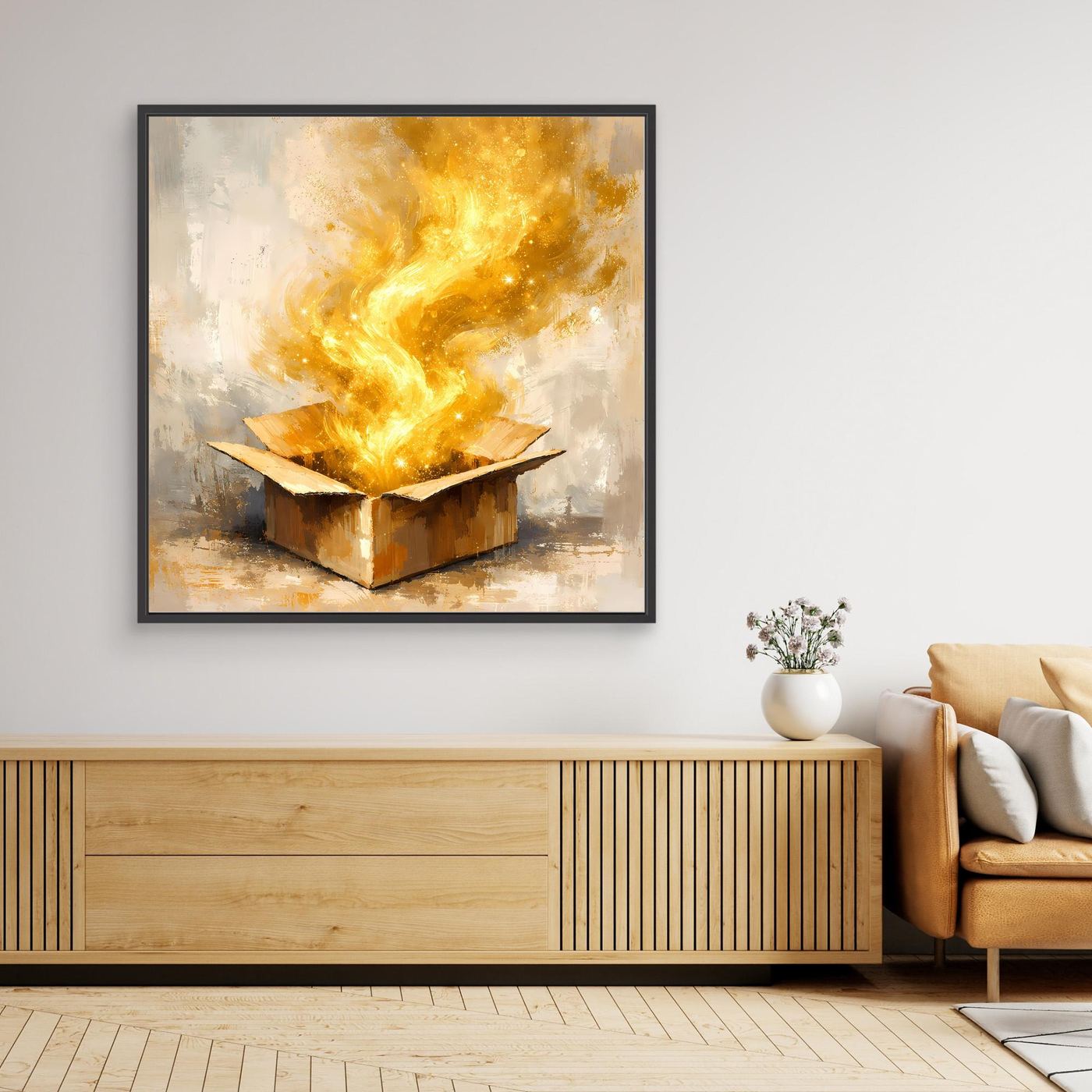 Premium Leinwand Magisches Leuchten aus der Box | Abstraktes Fantasy Wandbild Goldglorie