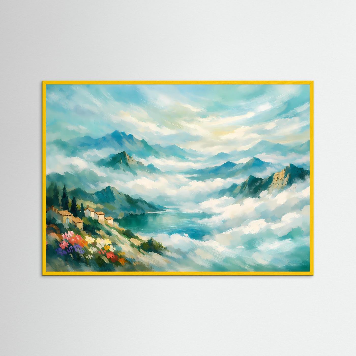Wandbild Berglandschaft im Nebel, impressionistisch, mit gelbem Rahmen