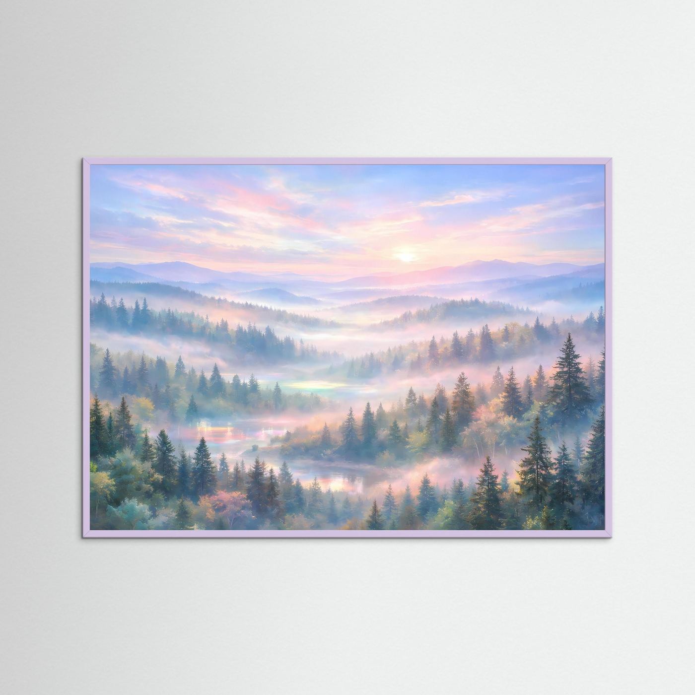 Waldlandschaft-Wandbild mit Sonnenaufgang und violettem Holzrahmen