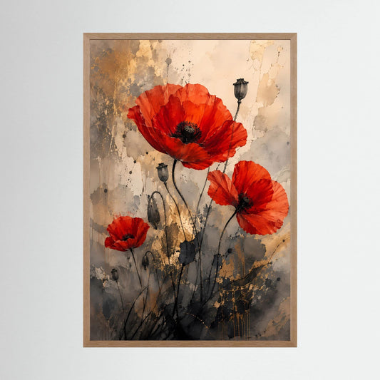 Abstraktes Mohnblumen-Poster mit roten Blüten und grauen Akzenten, hochformatig, Eiche hell gerahmt