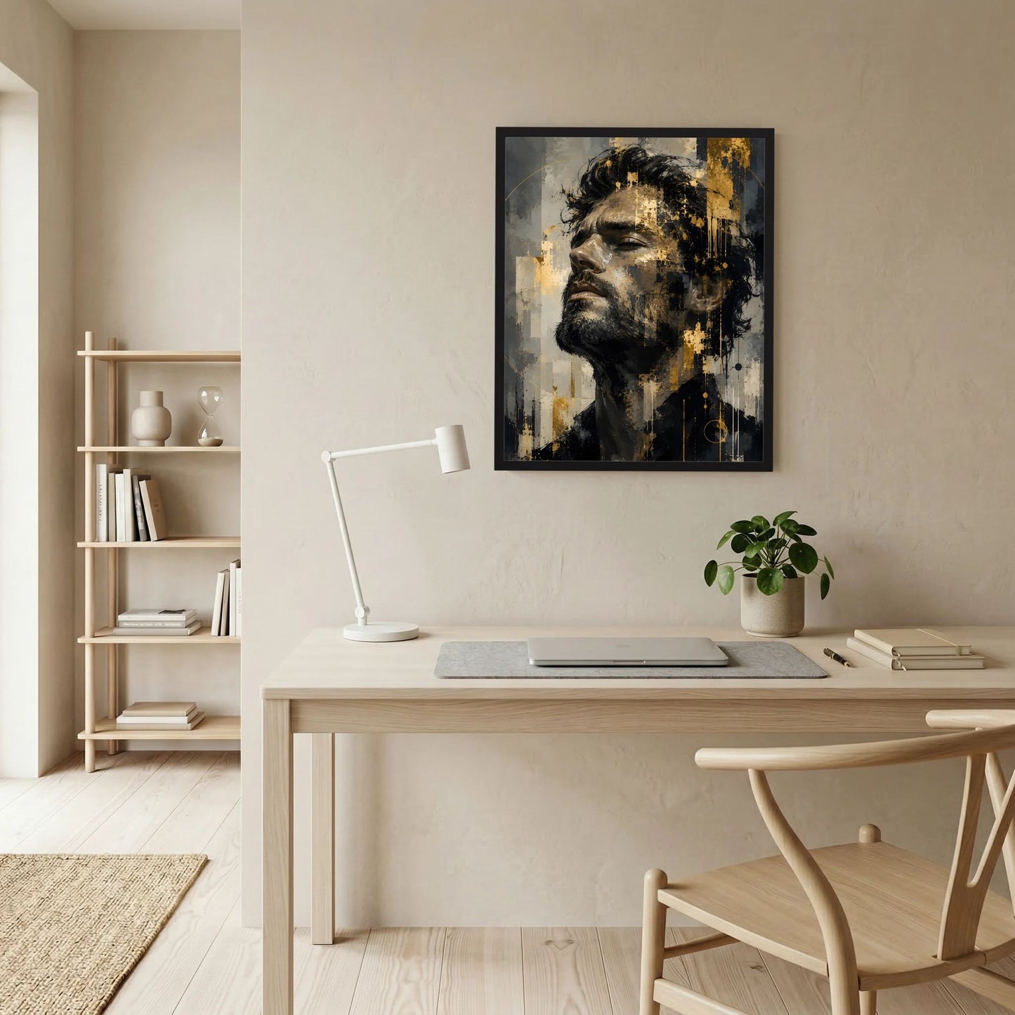 Gerahmtes abstraktes Männerkunstposter (Hochformat) mit Gesicht in Schwarz, Grau und Gold