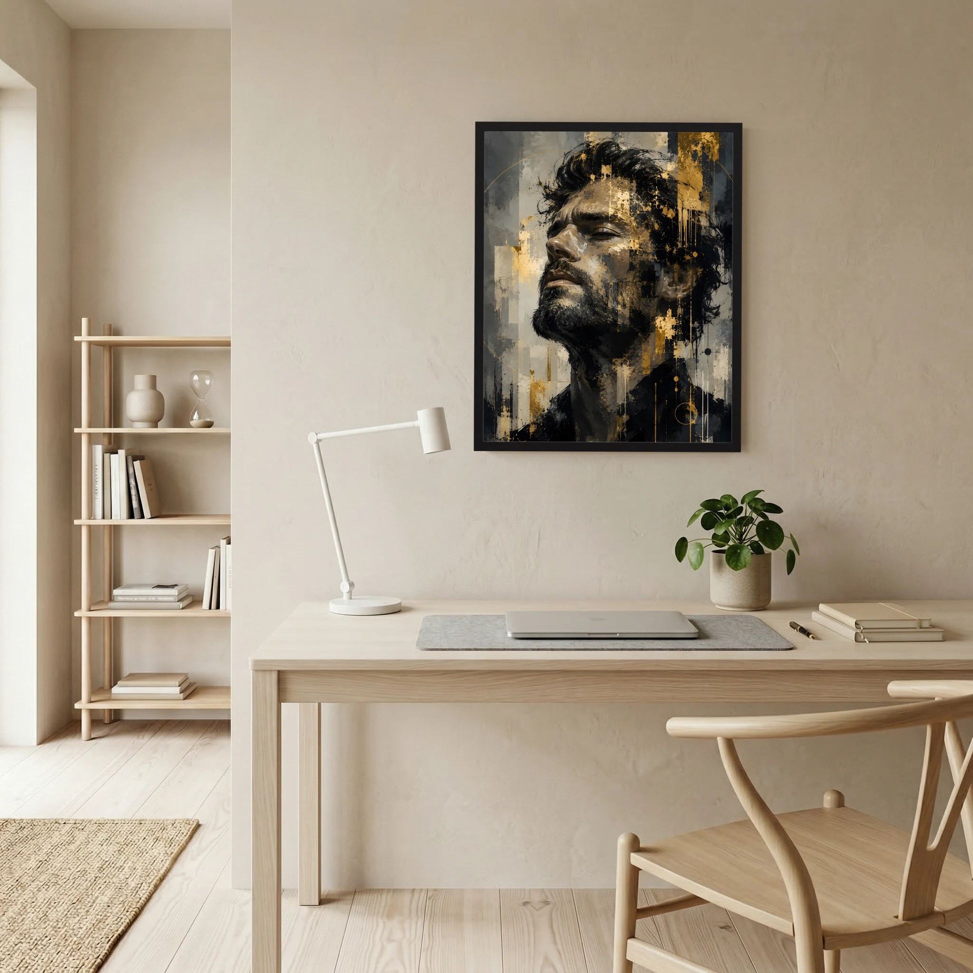 Gerahmtes abstraktes Männerkunstposter (Hochformat) mit Gesicht in Schwarz, Grau und Gold