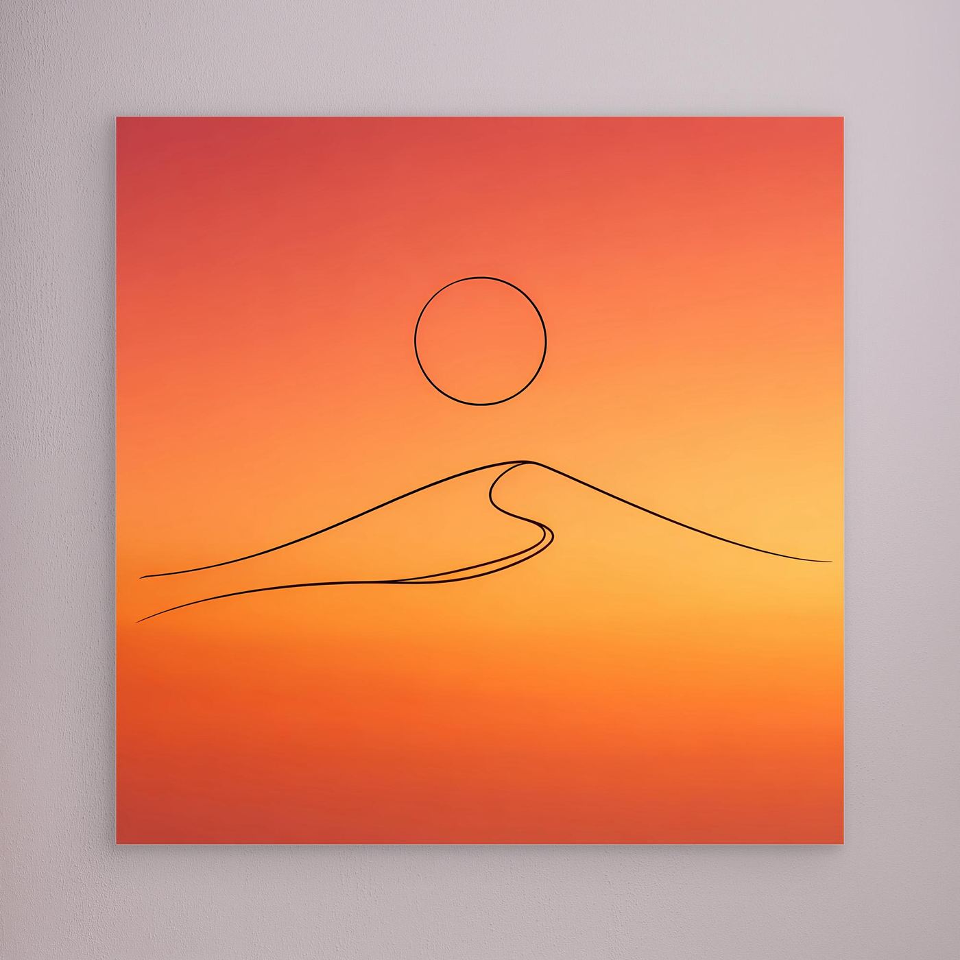 Leinwandbild mit orange-roter Sonnenuntergangszene, Kreis und Düne in Line-Art