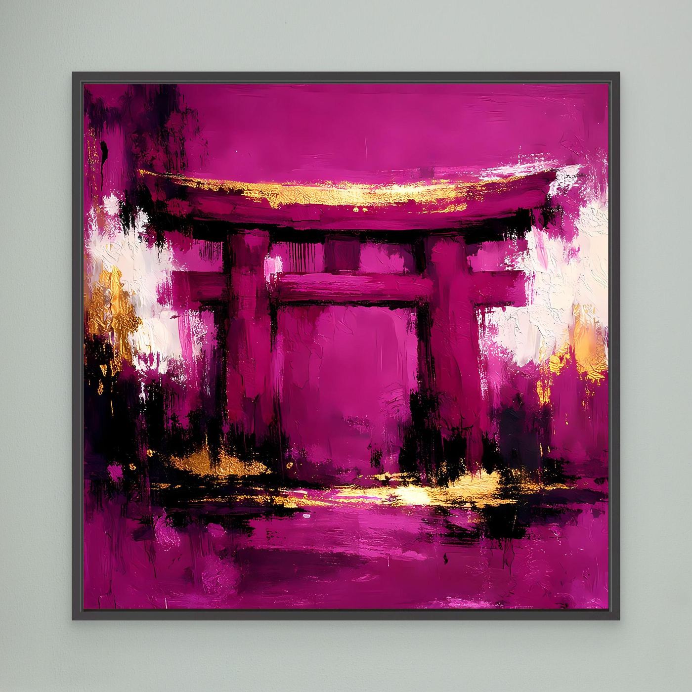 Leinwand Mystisches Torii-Tor in Magenta | Abstraktes Japan Wandbild Moderne Kunst