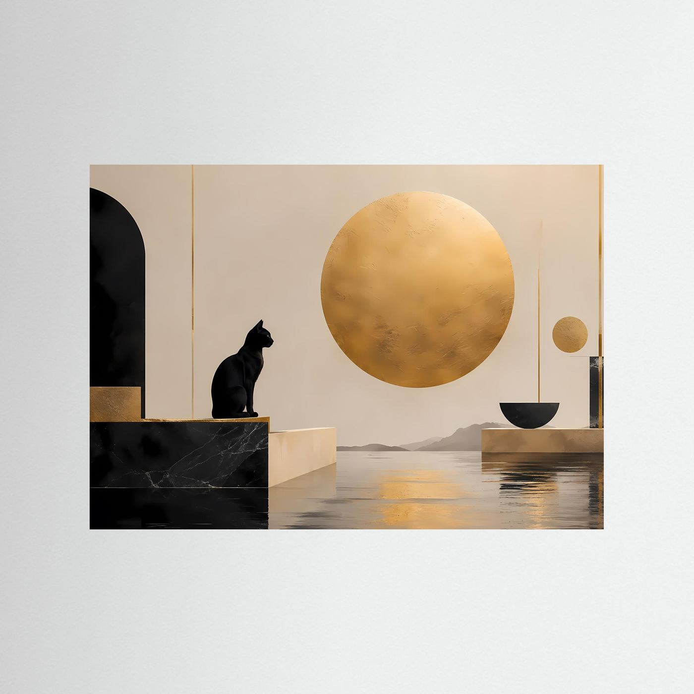 Schwarze Katze vor goldener Sonne | Minimalistische Kunst in Schwarz & Beige