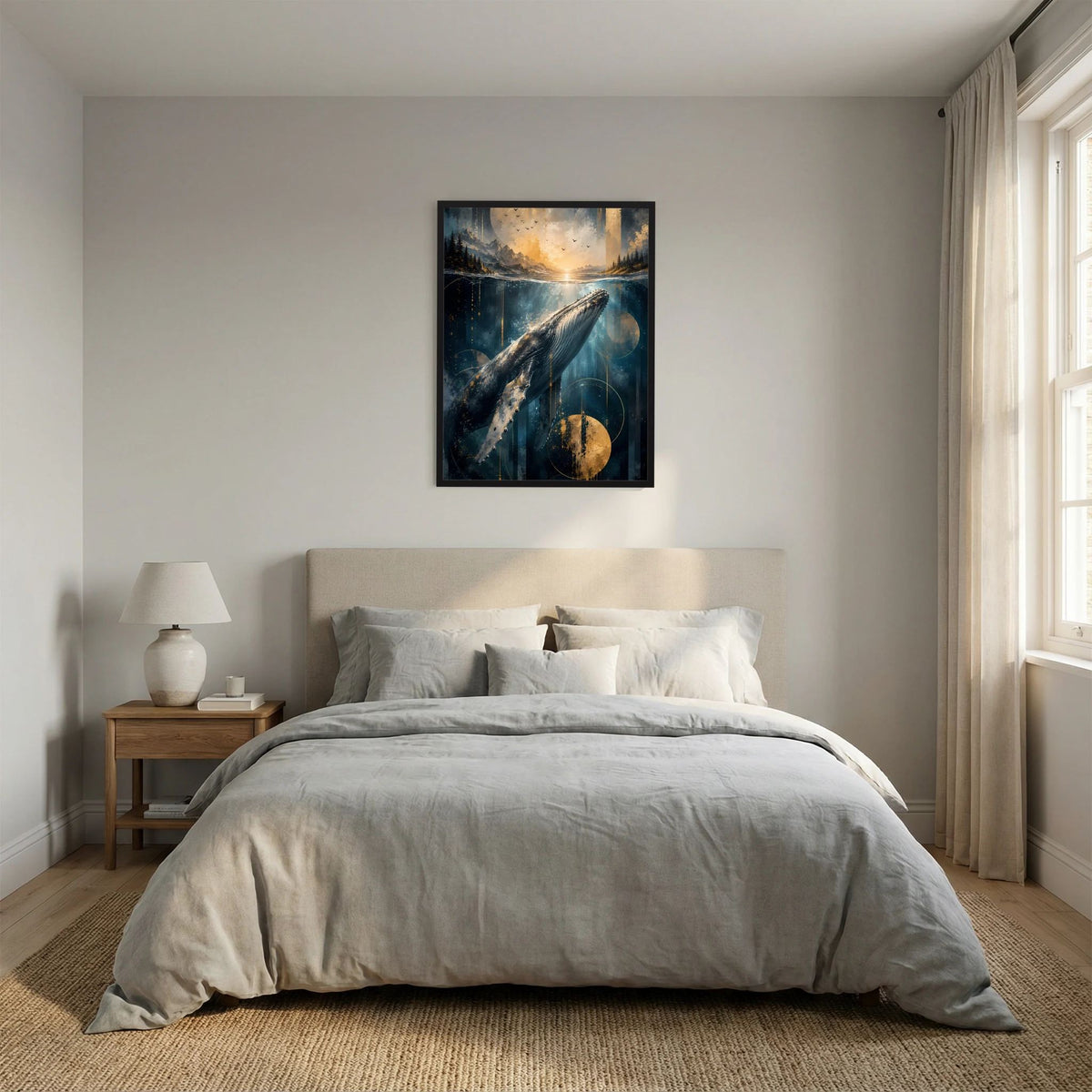Hochformat-Poster mit schwarzem Rahmen: Wal unter Wasser, Ozeanlandschaft in Blau und Gold
