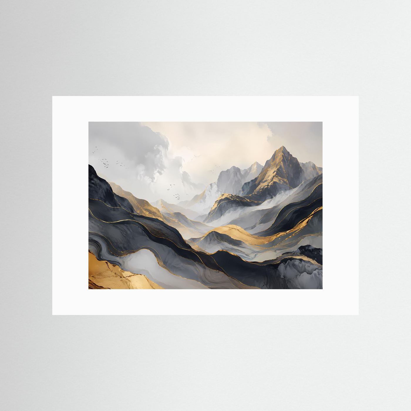 Panorama-Berglandschaft-Poster mit weißem Passepartout, Berge in Grau, Schwarz und Gold