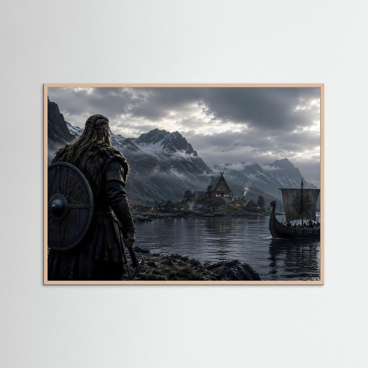 Wikinger-Poster im Querformat mit rosafarbenem Holzrahmen: Langschiff im Fjord