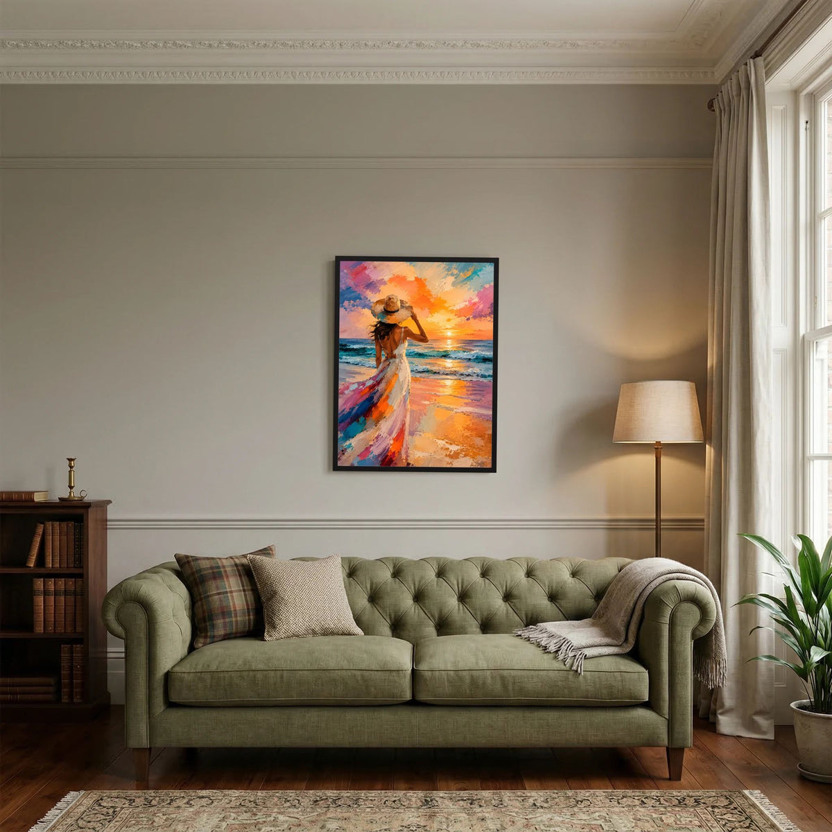 Schwarz gerahmtes Poster mit Frau am Meer bei Sonnenuntergang, leuchtende Blau-Orange-Töne
