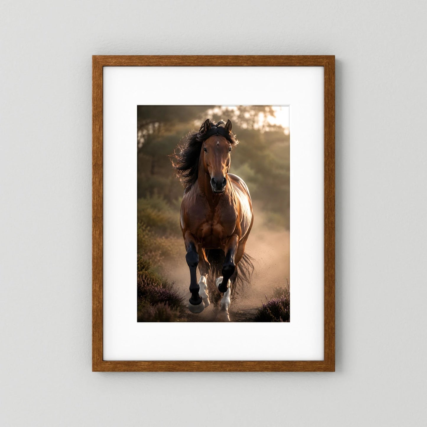 Hochformatiges Kunstposter: brauner Hengst im Galopp, dunkler Holzrahmen