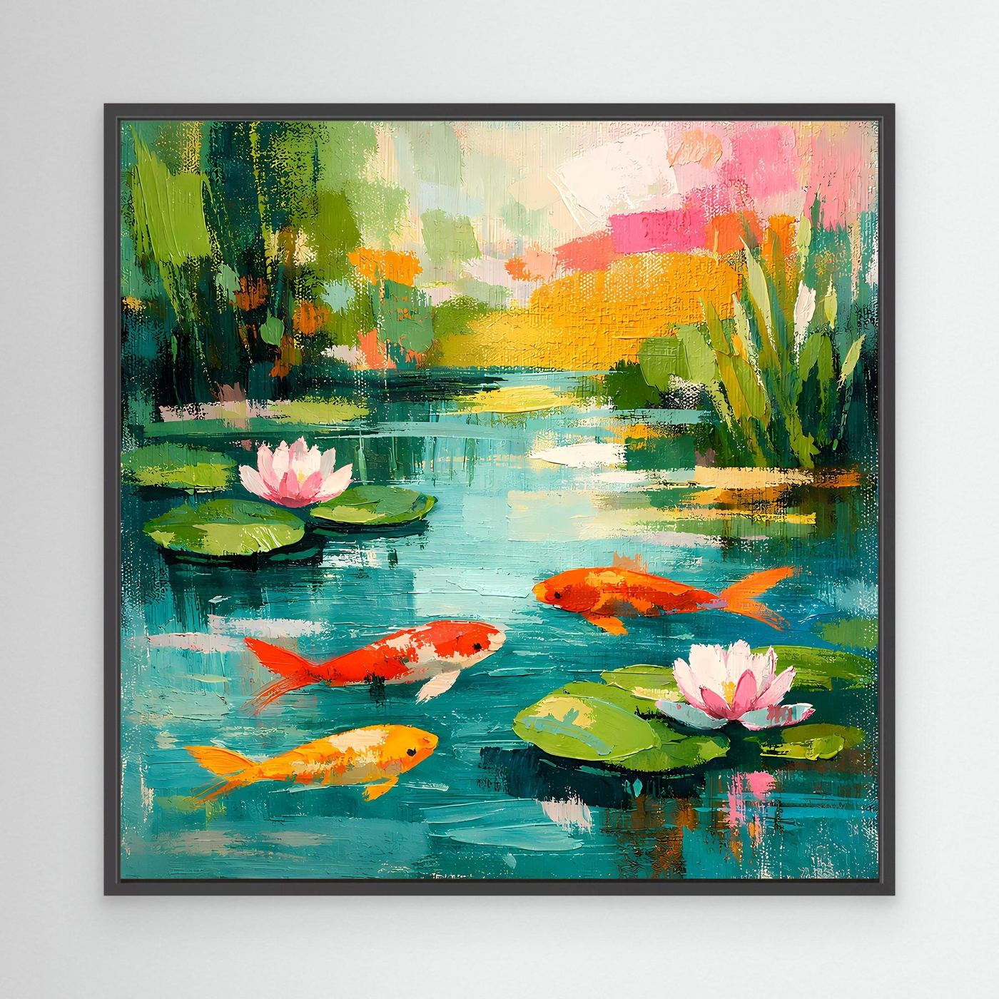 Black-framed canvas wall art of koi fish, lily pads, and pink blossoms on teal water