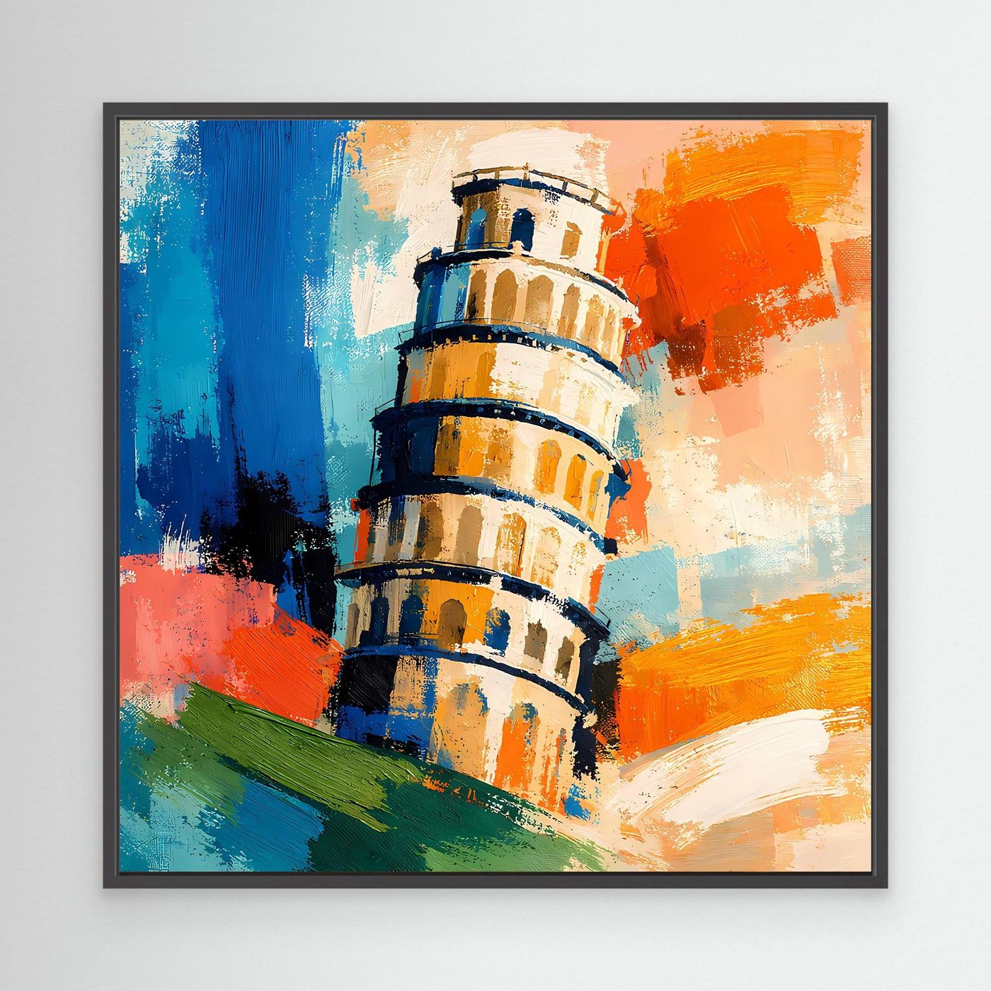 Abstract canvas wall art of Pisa tower with blue, orange, and green paint strokes in black frame.