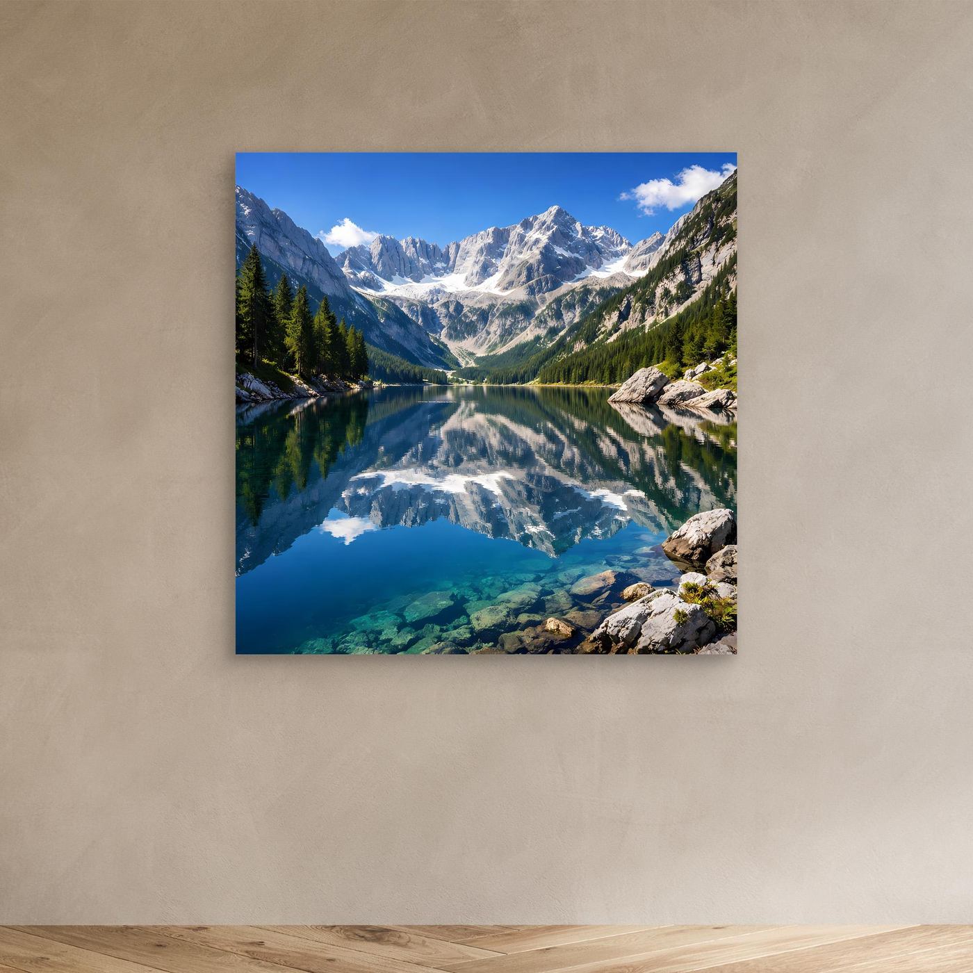 Leinwandbild mit Bergsee- und Alpenpanorama im Querformat, ohne Rahmen