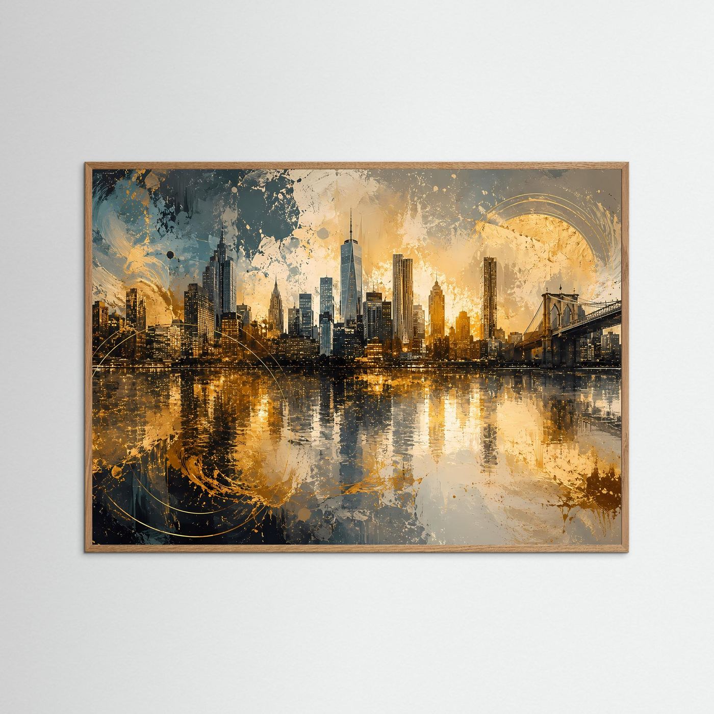 New York Skyline in Gold Poster | Abstrakte Manhattan Kunst mit Brooklyn Bridge Modernes Wandbild Querformat