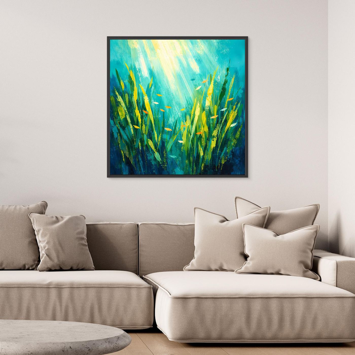Leinwand Lichtdurchfluteter Algenwald unter Wasser | Abstraktes Ozean Wandbild