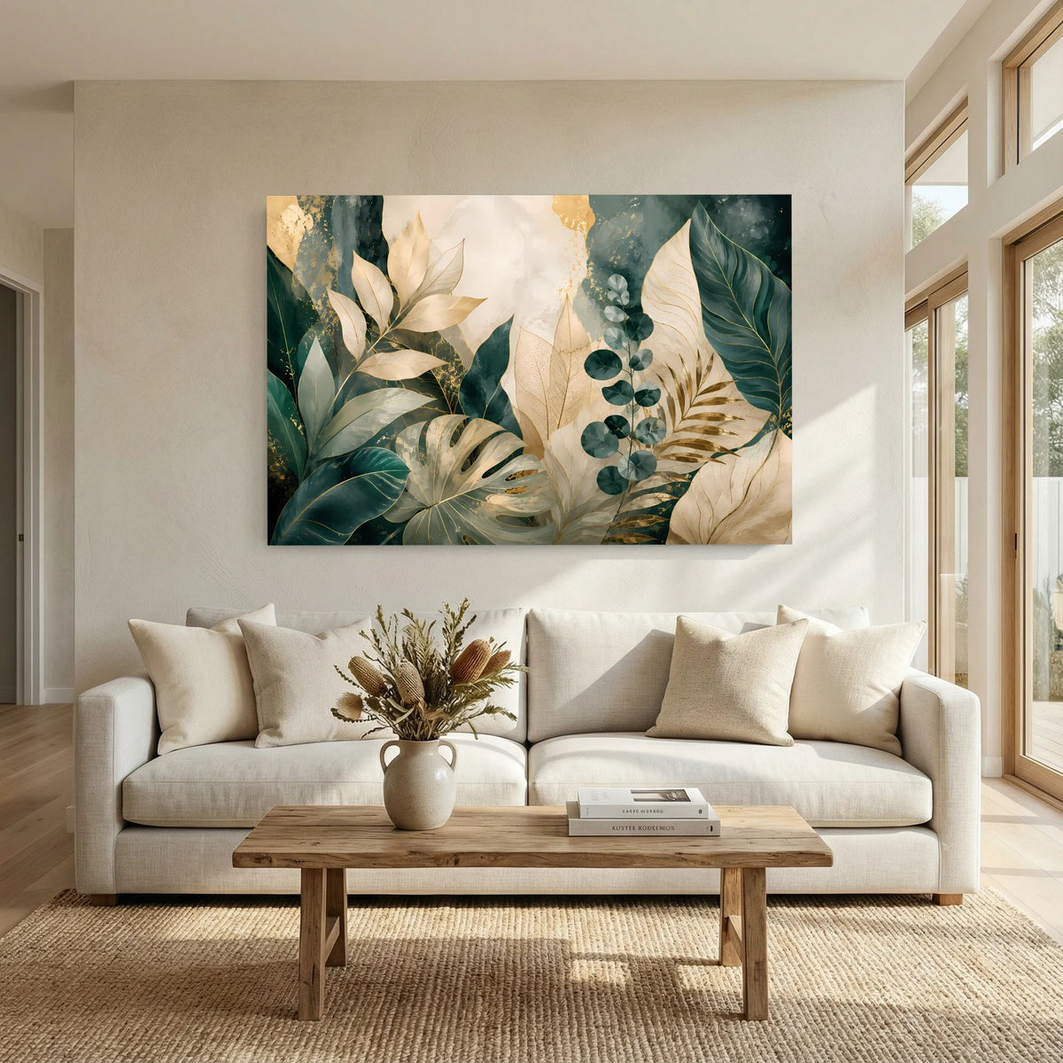 Gerahmtes Querformat-Poster mit botanischen Blättern in Grün, Creme und Gold an der Wand