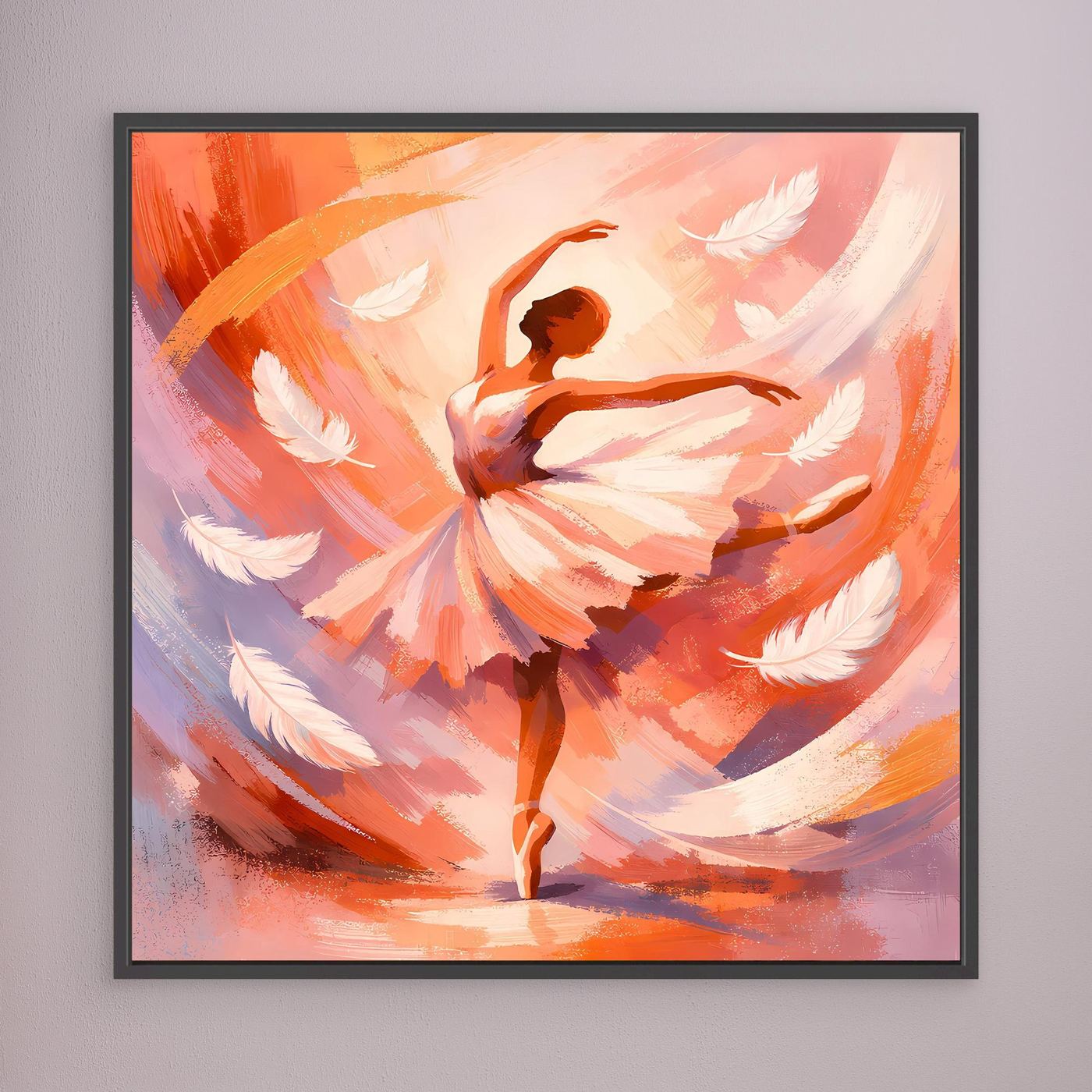 Leinwandbild mit abstrakter Ballerina in warmen Orange- und Rosatönen, schwarzer Rahmen