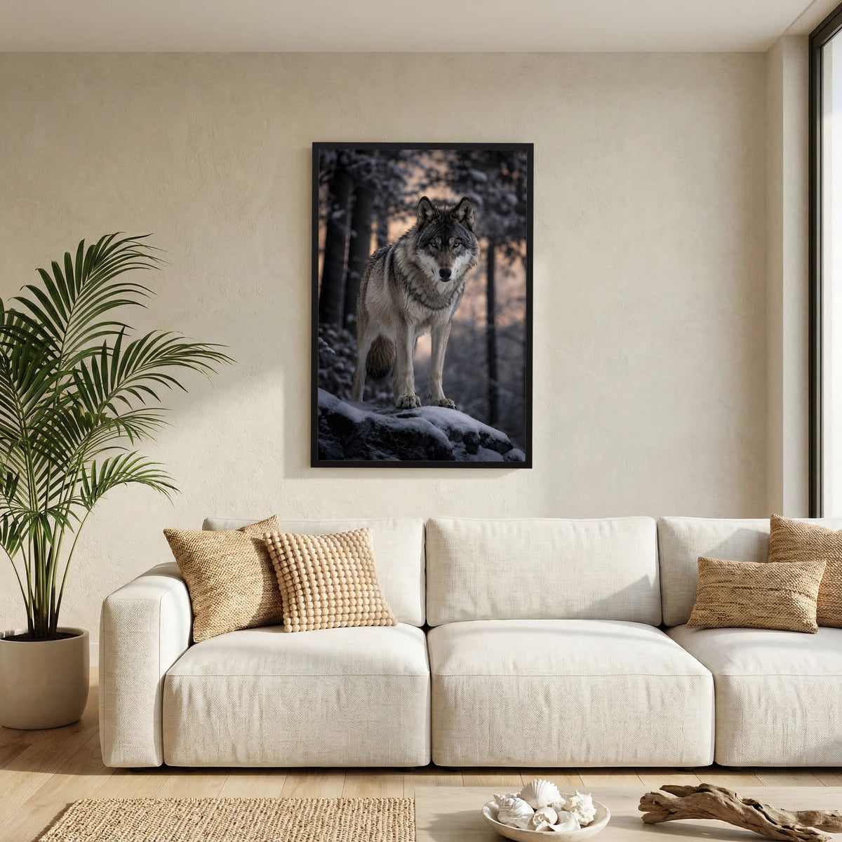 Wolf-Porträtposter im Hochformat, stehender Grauwolf im Schnee, schwarzer Bilderrahmen