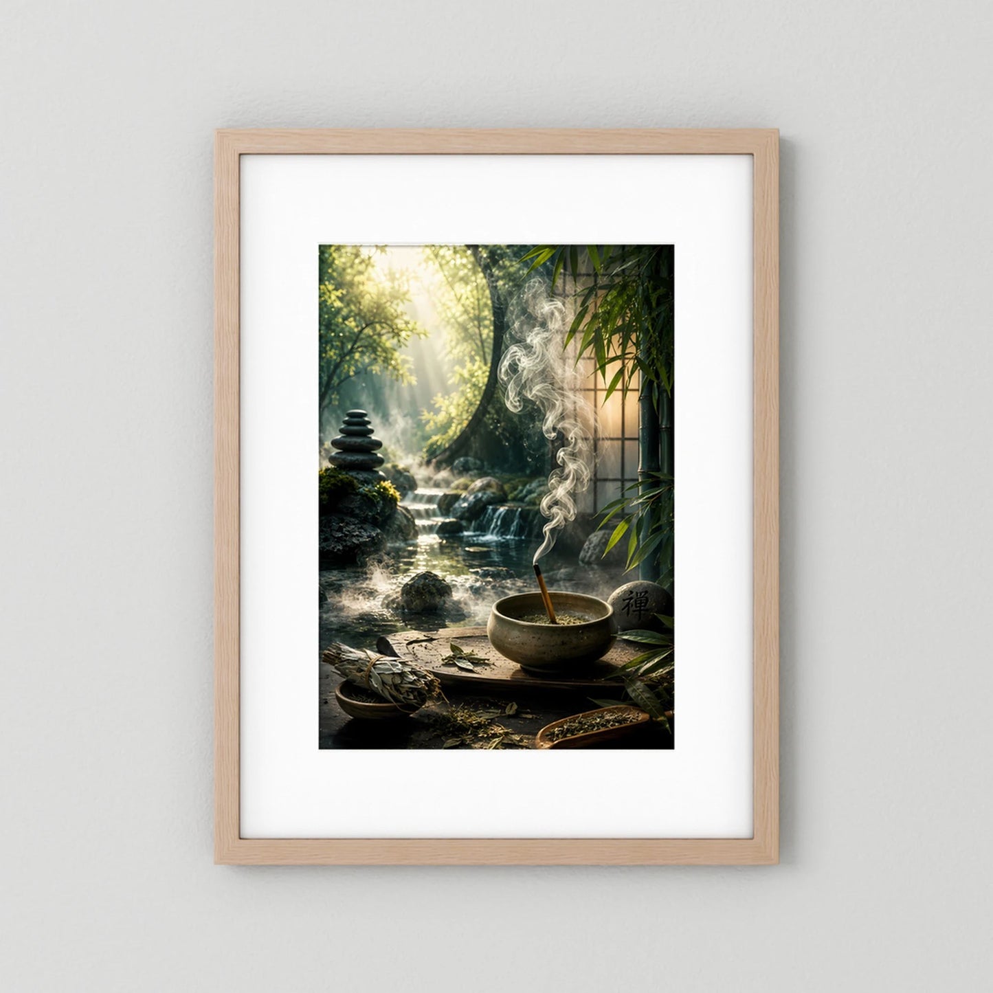 Poster im Hochformat mit hellem Holzrahmen: Zen-Garten mit Räucherschale, Rauch und Steinstapel