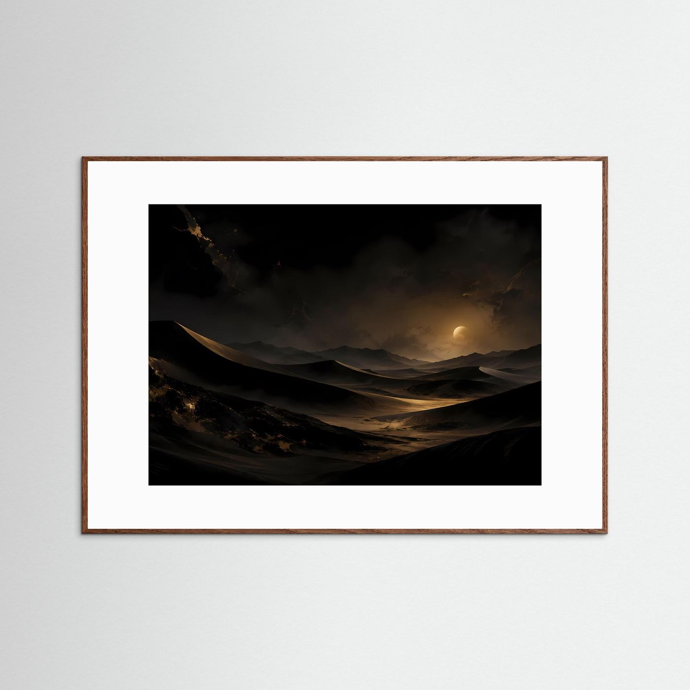 Wüste bei Nacht Poster | Gold Schwarz Dünen Landschaft | Mystische Mondnacht Wandbild | Elegante Wüstenkunst | Moderne Wall Art
