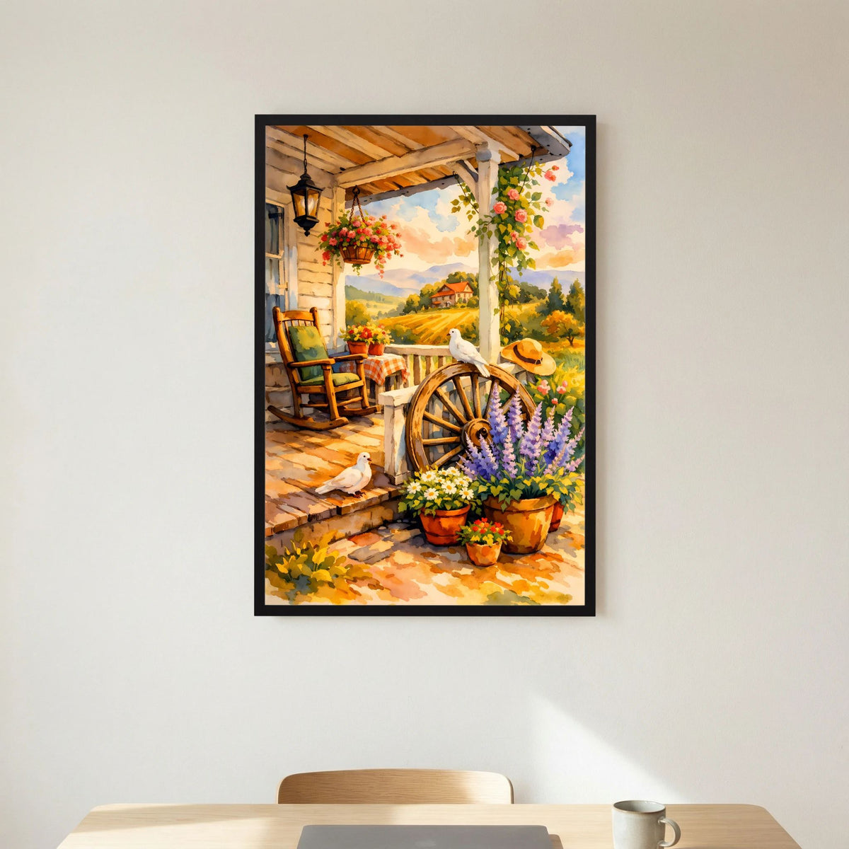 Kunstposter mit Veranda, Tauben auf Stufen, Blumen in Töpfen und Holzrad, schwarzer Rahmen