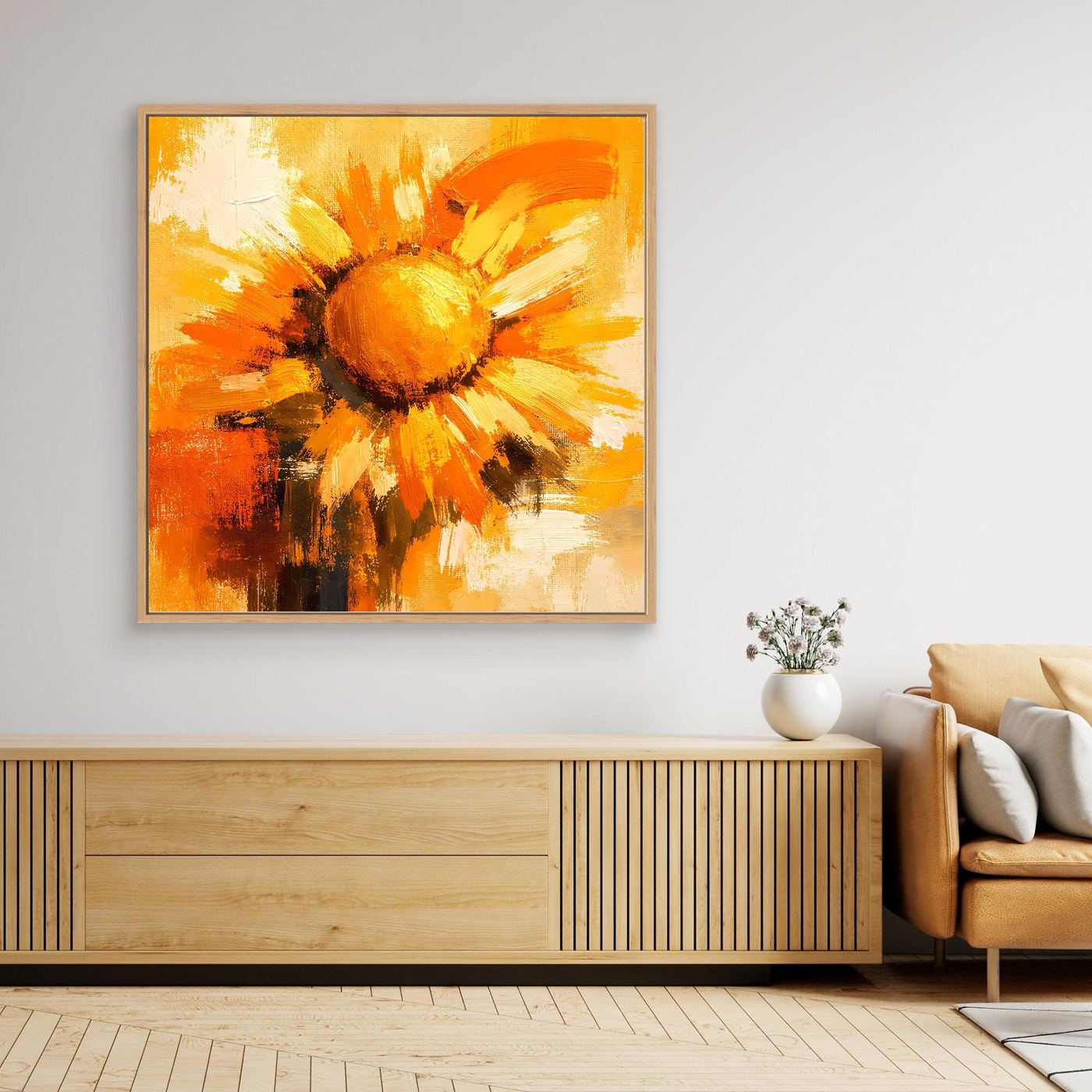 Leinwand Abstraktes Sonnenblumen Gemälde | Modernes Florales Wandbild Gelb Orange