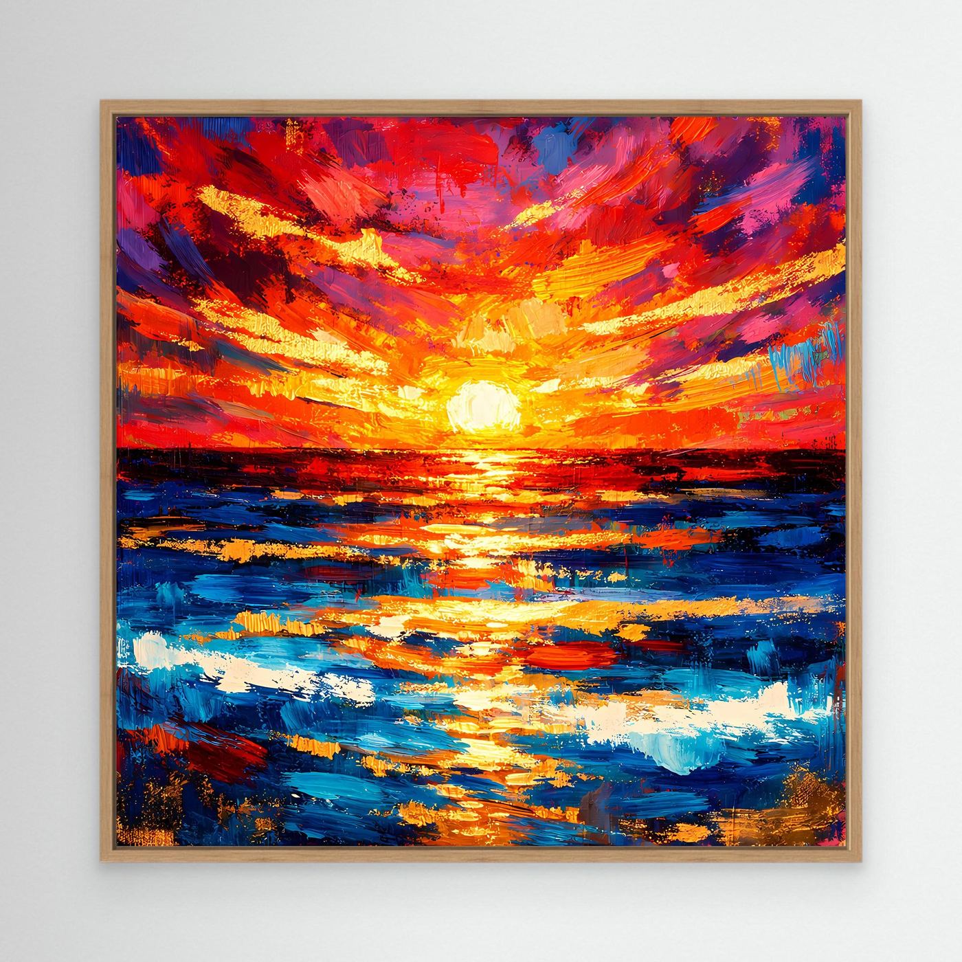 Abstraktes Leinwandbild Sonnenuntergang am Meer mit Rahmen in hellem Holz