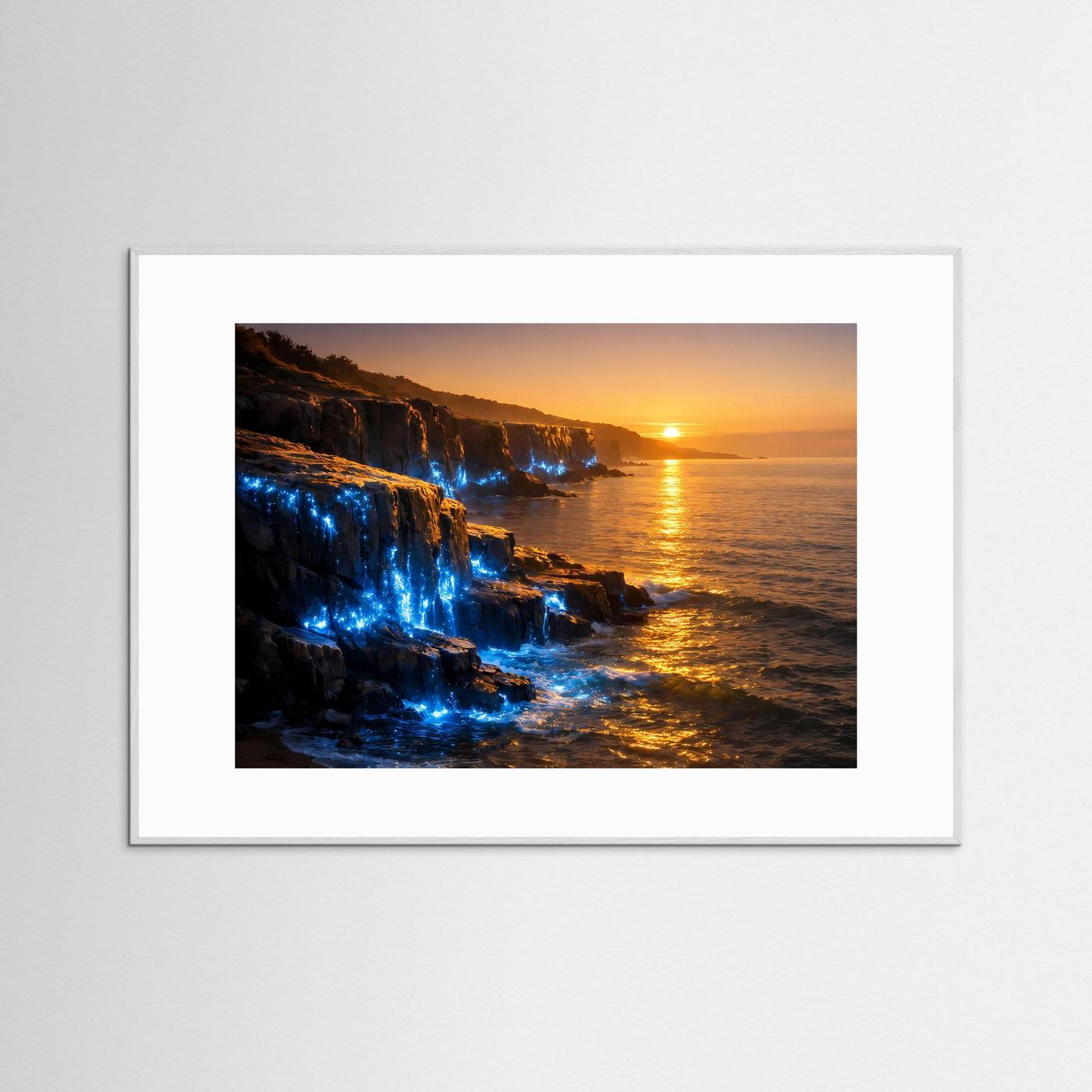 Poster mit Küstenfelsen und blau leuchtender Biolumineszenz bei Sonnenuntergang, weißer Rahmen