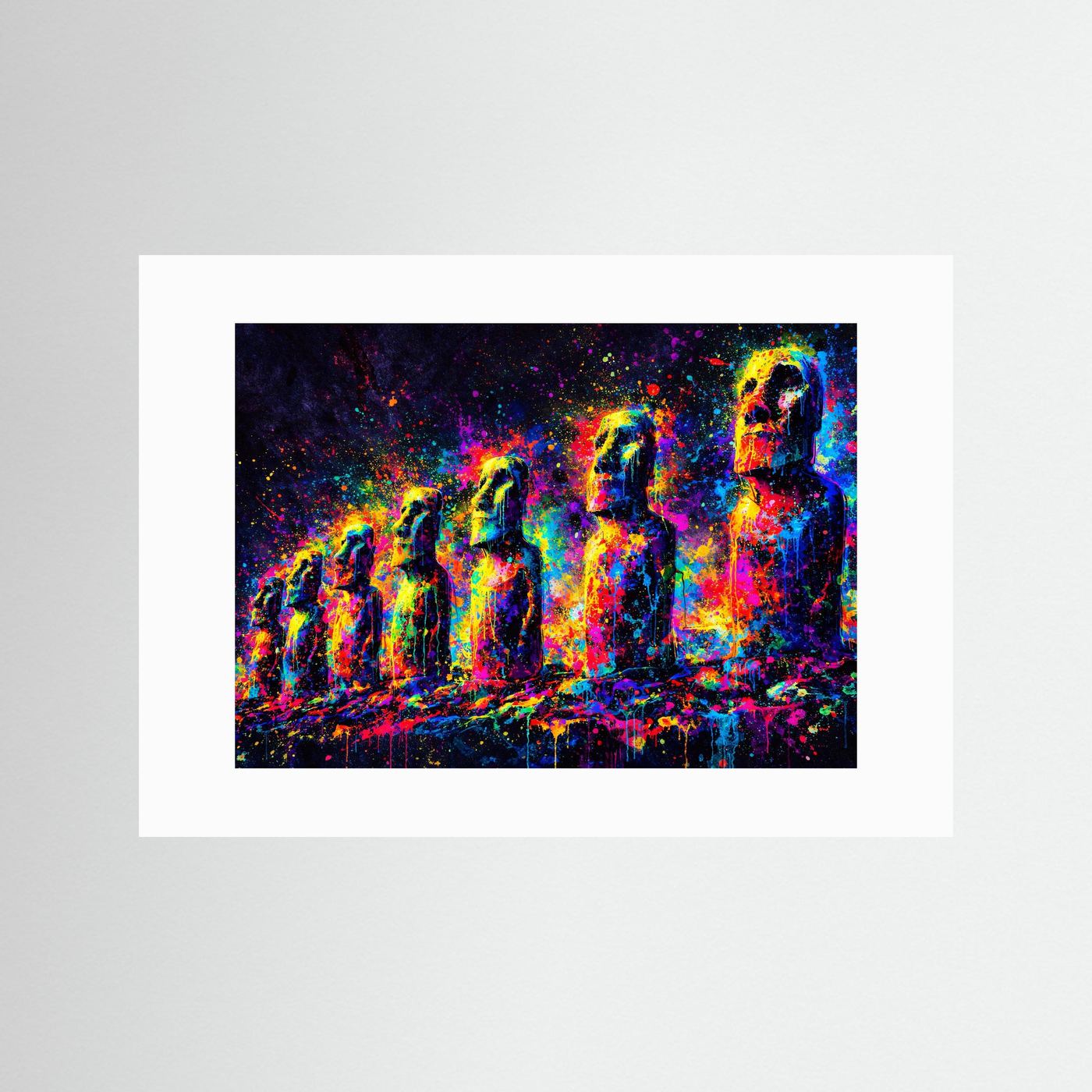 Moai Statuen im Farbrausch | Modernes Osterinsel Pop Art Poster Querformat