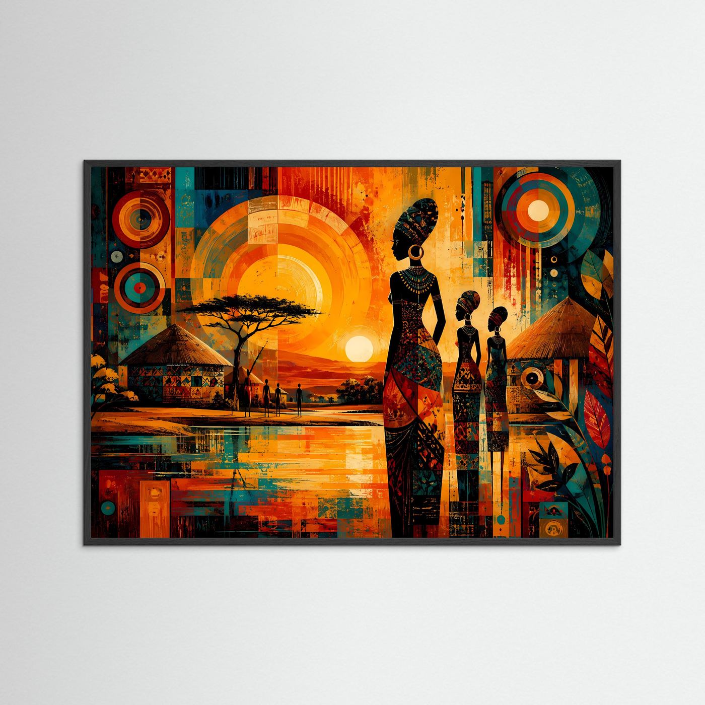 Afrikanische Frauen im Sonnenuntergang | Modernes Wandbild mit Ethno-Art & Landschaft