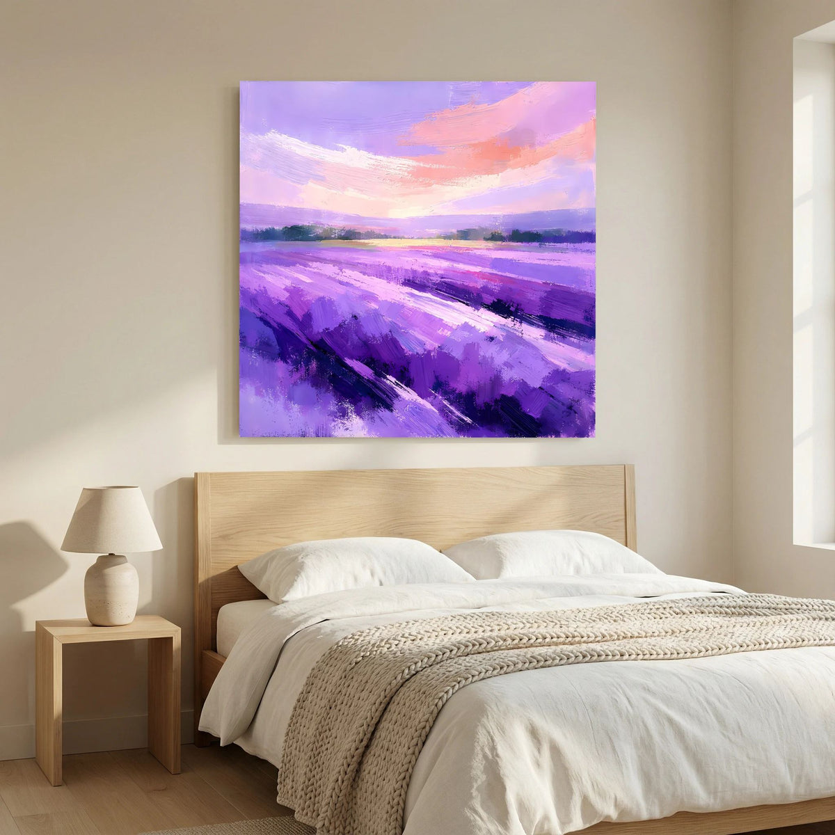 Leinwand-Wandbild mit abstrakten Lavendellinien in Lila und einem warmen rosa Himmel