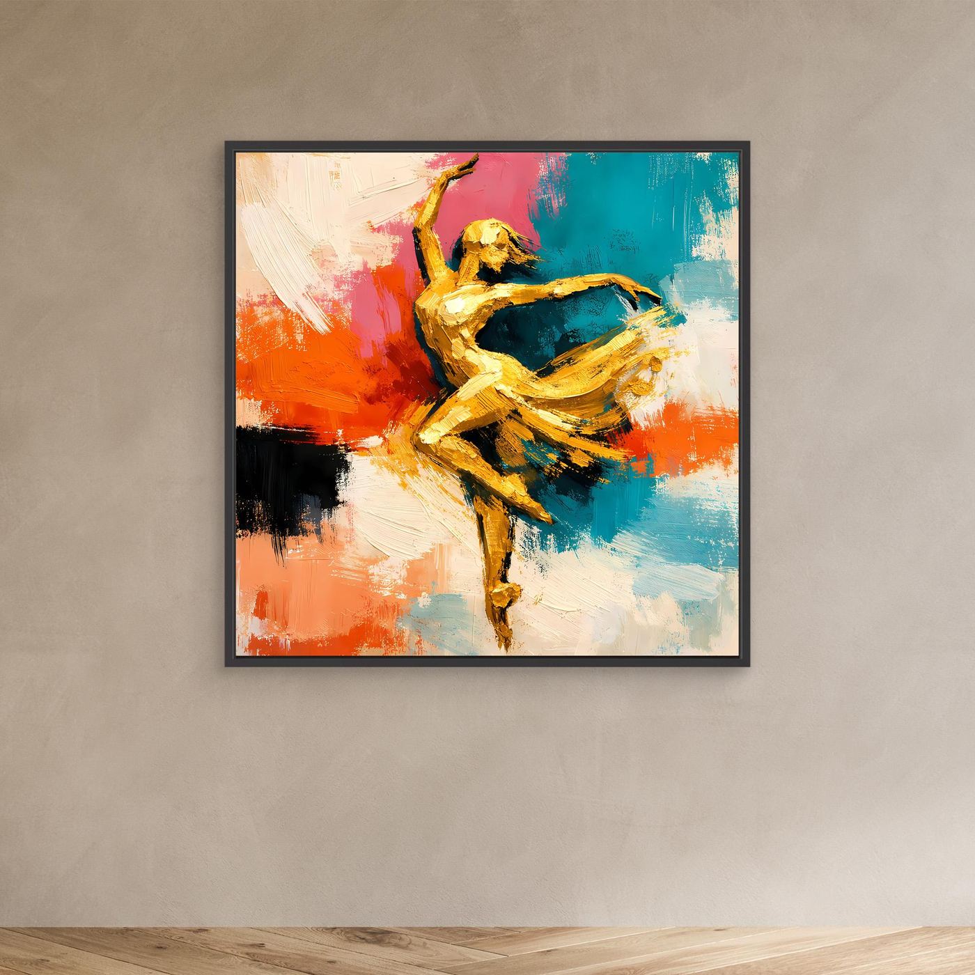 Leinwand Elegante Goldene Tänzerin im Flug | Abstraktes Ballett & Modern Art Wandbild