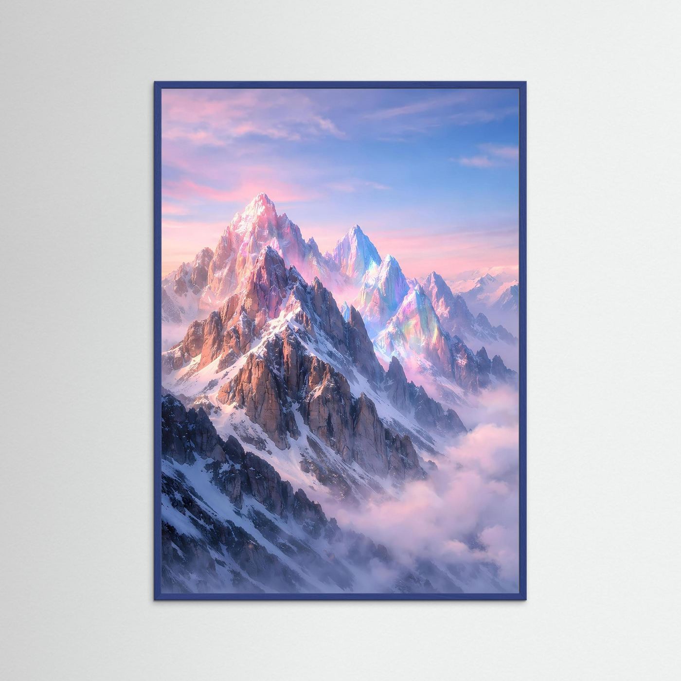 Fantasy-Bergposter mit kristallklaren Gipfeln in Pastellrosa und Eisblau im blauen Rahmen
