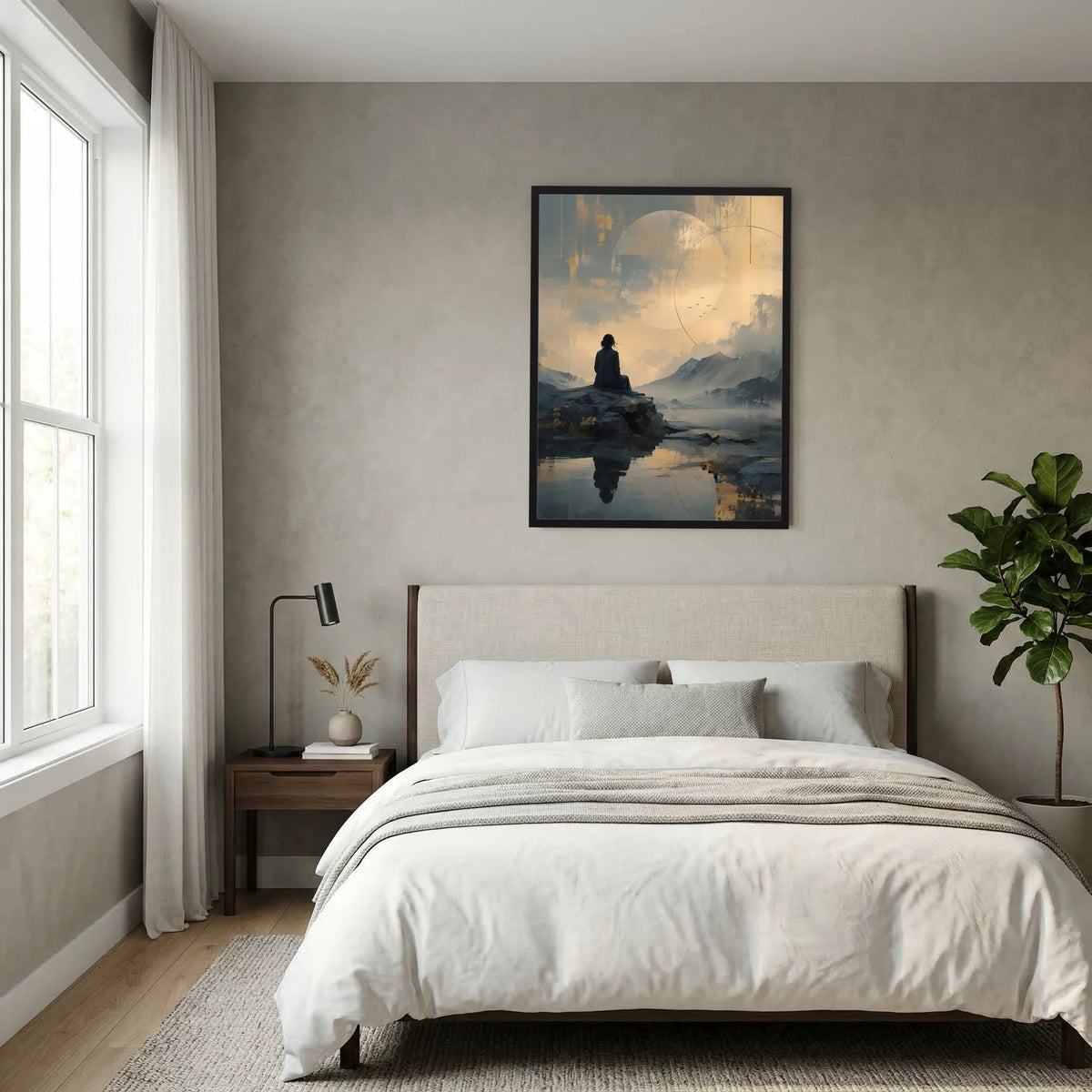 Poster im Hochformat: meditierende Silhouette auf Felsen, Berge und wolkiger Himmel