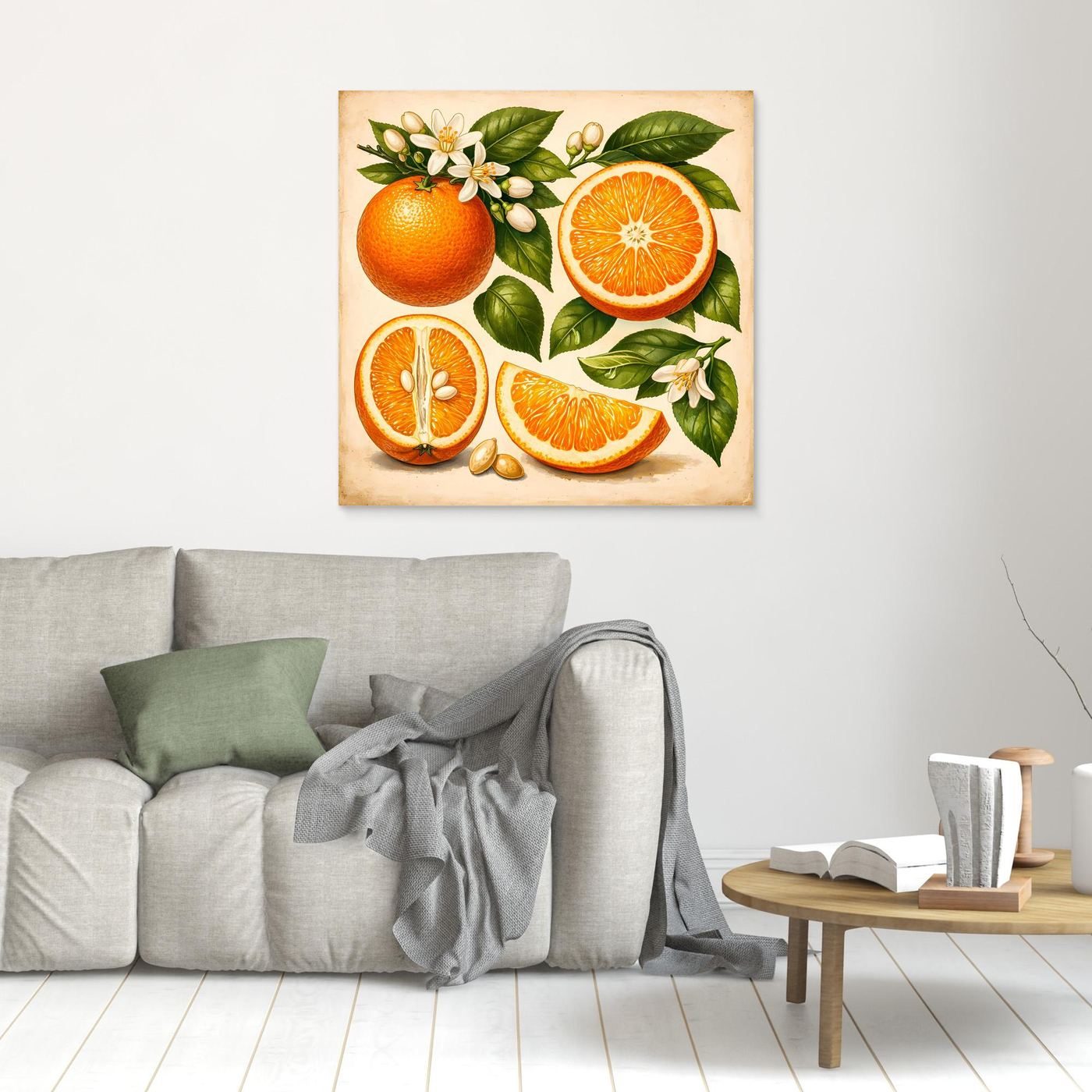 Kleines Leinwandbild mit Vintage-Orangen, Zitrusfrüchten und Blüten im braunen Rahmen