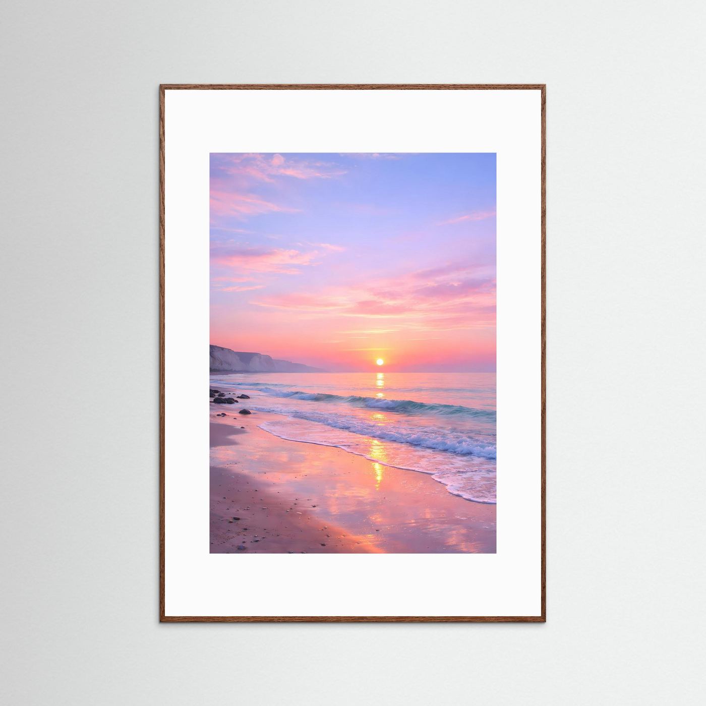 Wandbild-Poster mit Sonnenaufgang am Meer, braun gerahmt