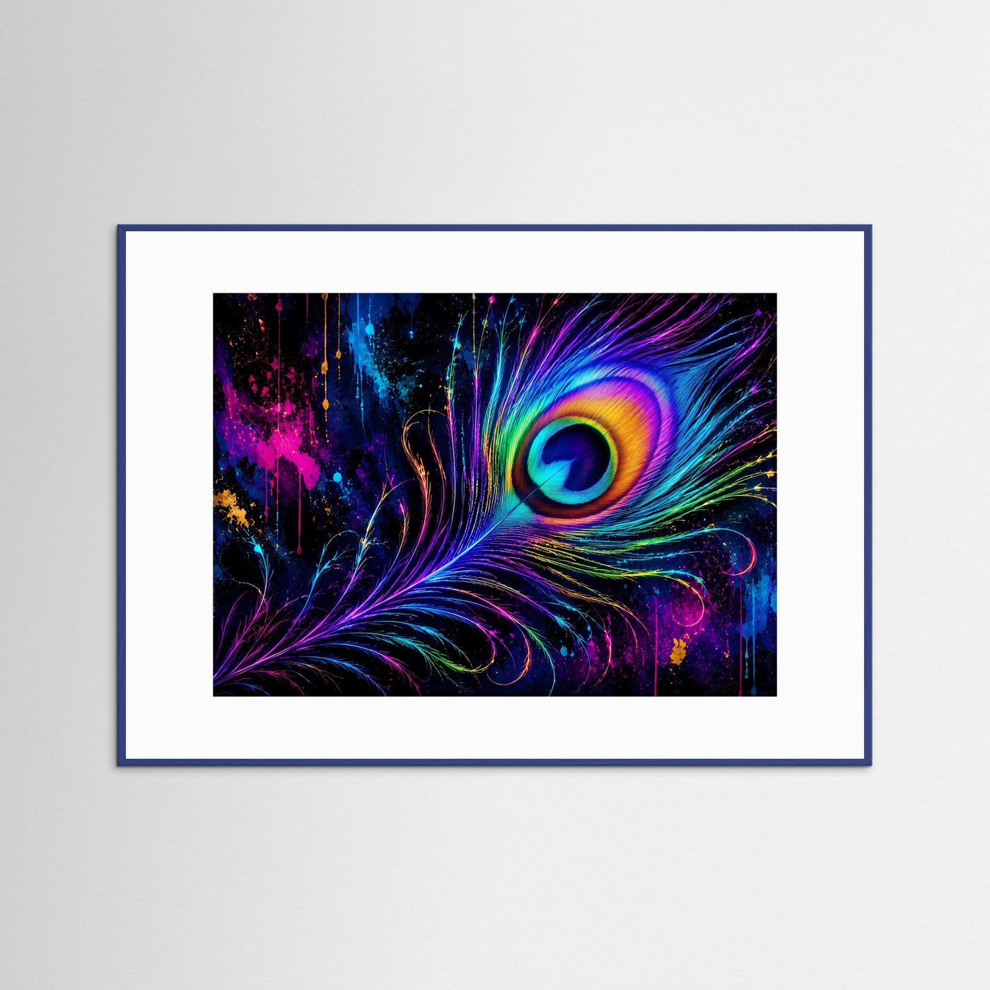 Neon Pfauenfeder in leuchtenden Farben | Abstrakte Regenbogen Kunst – Modernes Poster Querformat
