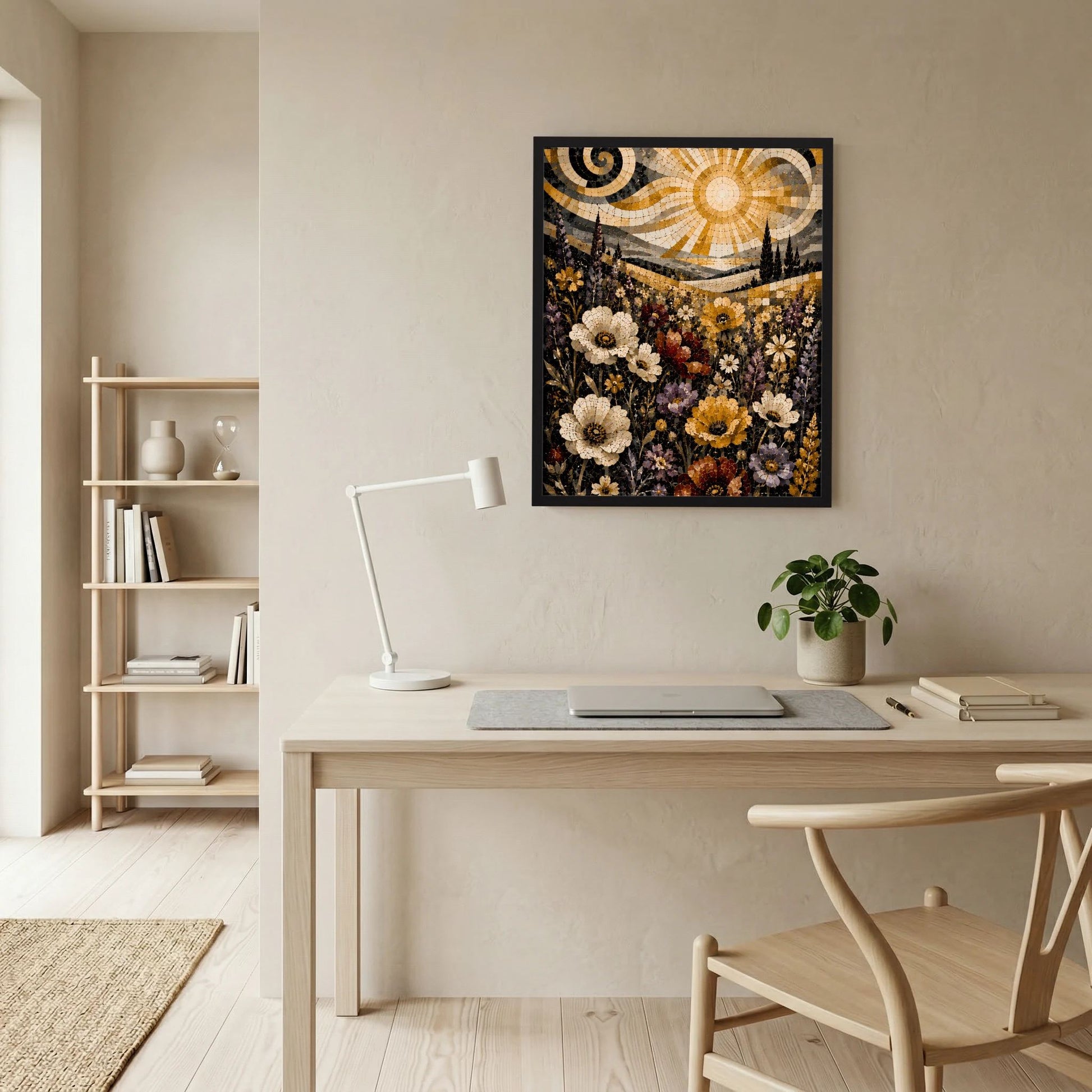 Wandposter im Mosaikstil mit goldener Sonne und Blumenmotiv, im schwarzen Rahmen