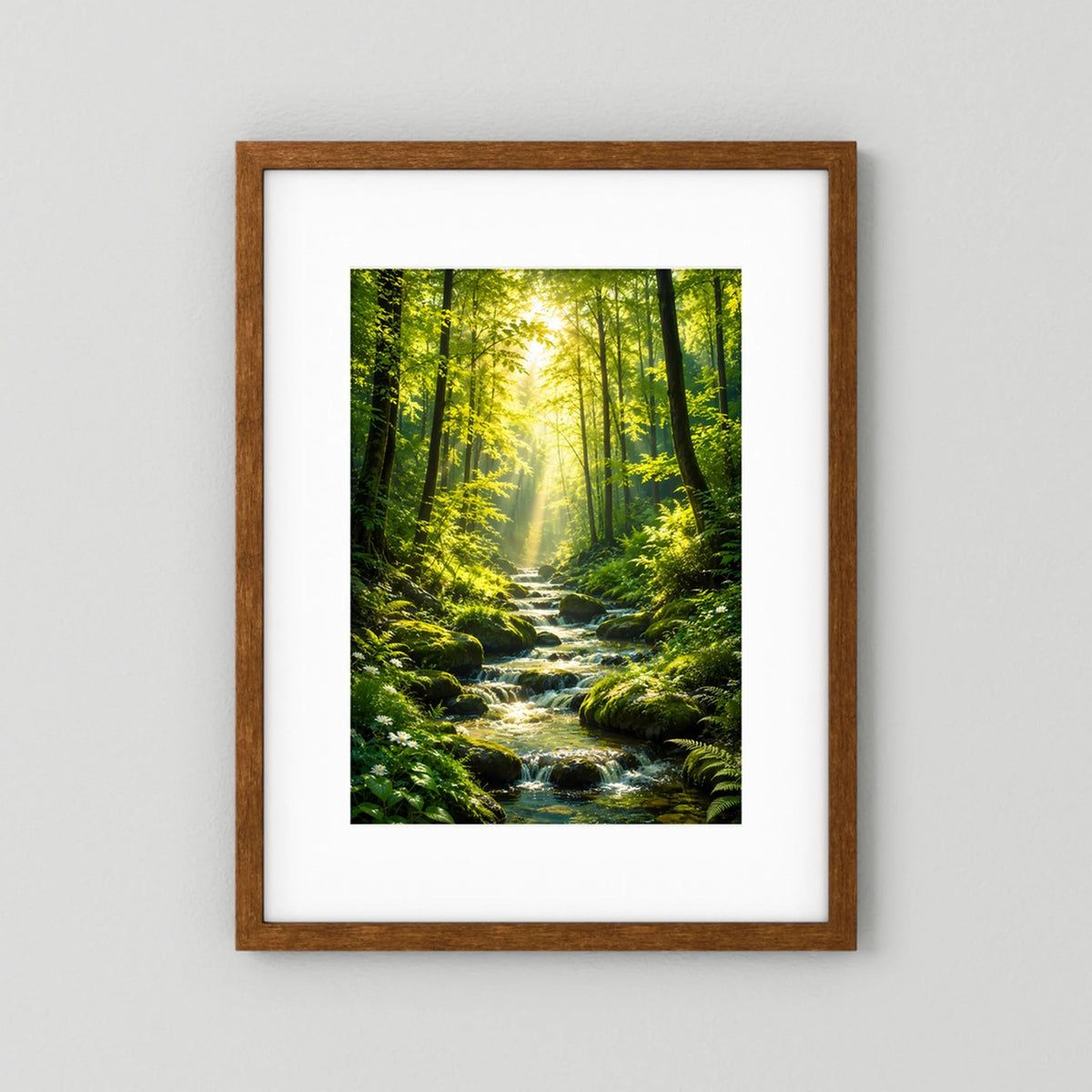 Hochformat-Poster Waldbach im grünen Wald mit Sonnenstrahlen, dunkler Holzrahmen