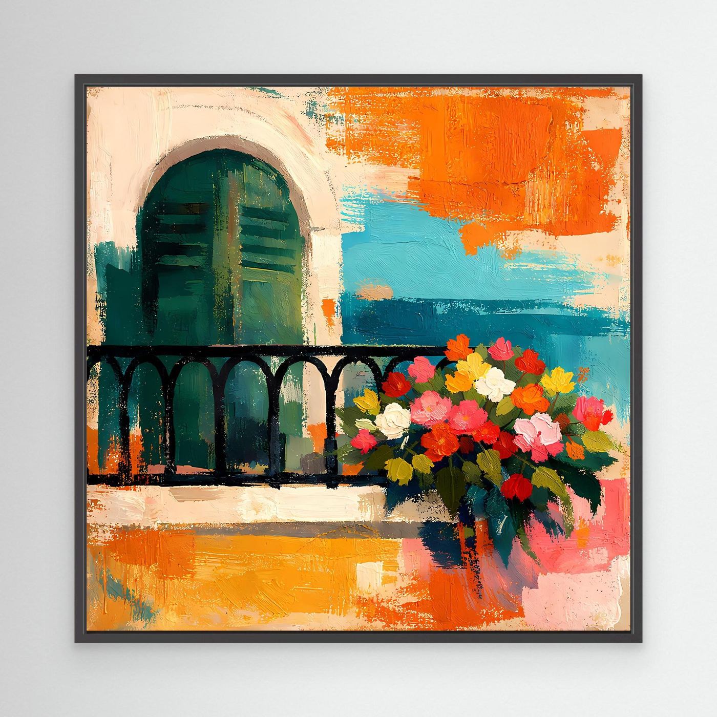 Abstract Mediterranean balcony wall art with flowers and arched window, black frame