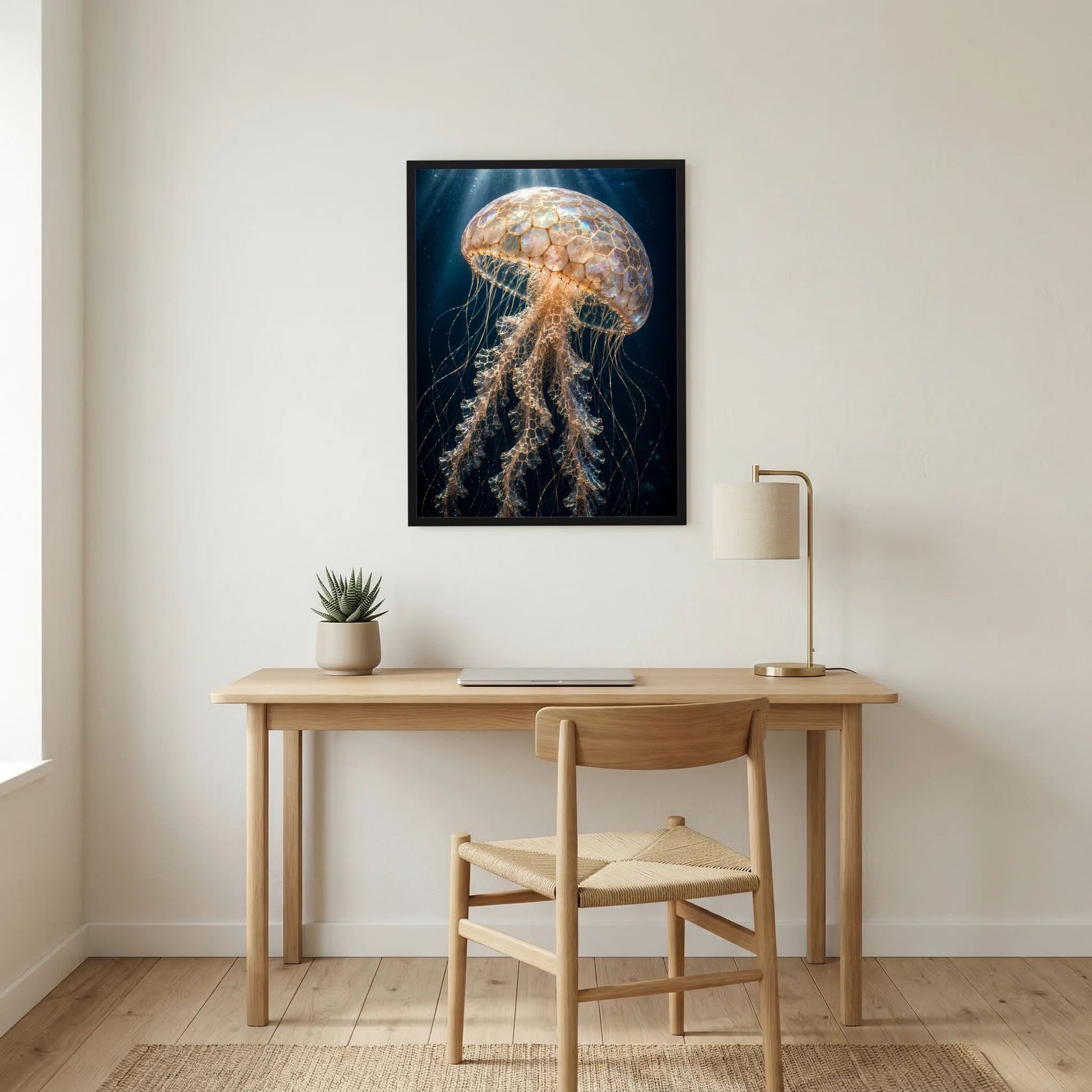 Hochformat-Poster mit Qualle in Perlmutt & Gold, schwarzer Rahmen