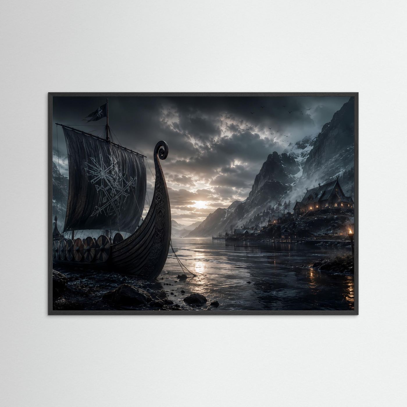 Wikinger im Fjord | Mystisches Langschiff zwischen Bergen – Nordische Wandkunst