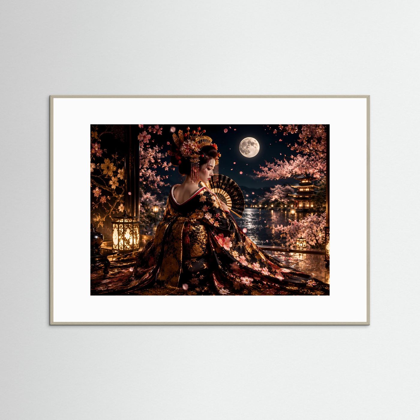 Elegante Geisha unter Kirschblüten | Japanische Kunst & Mondschein Poster Querformat