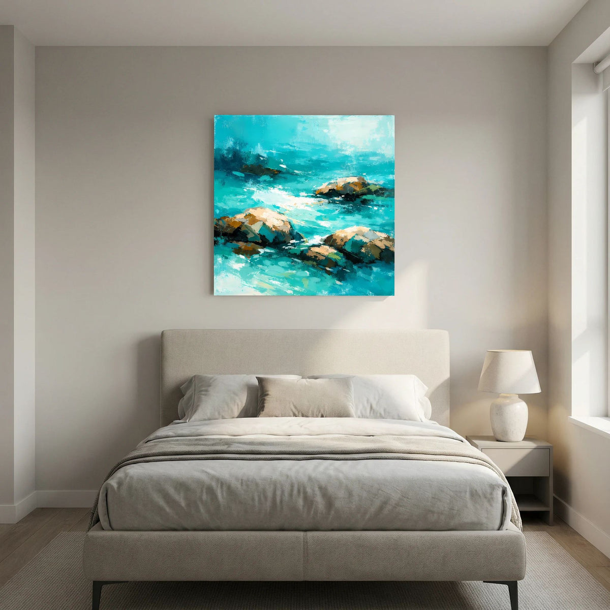 Abstraktes Küsten-Wandbild in Türkis auf Leinwand, mit Felsen im Vordergrund