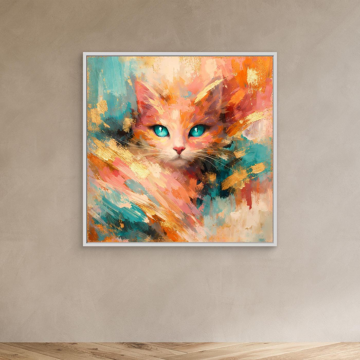 Leinwandbild abstrakte Katze mit türkisen Augen, orange-bunt, im weißen Rahmen