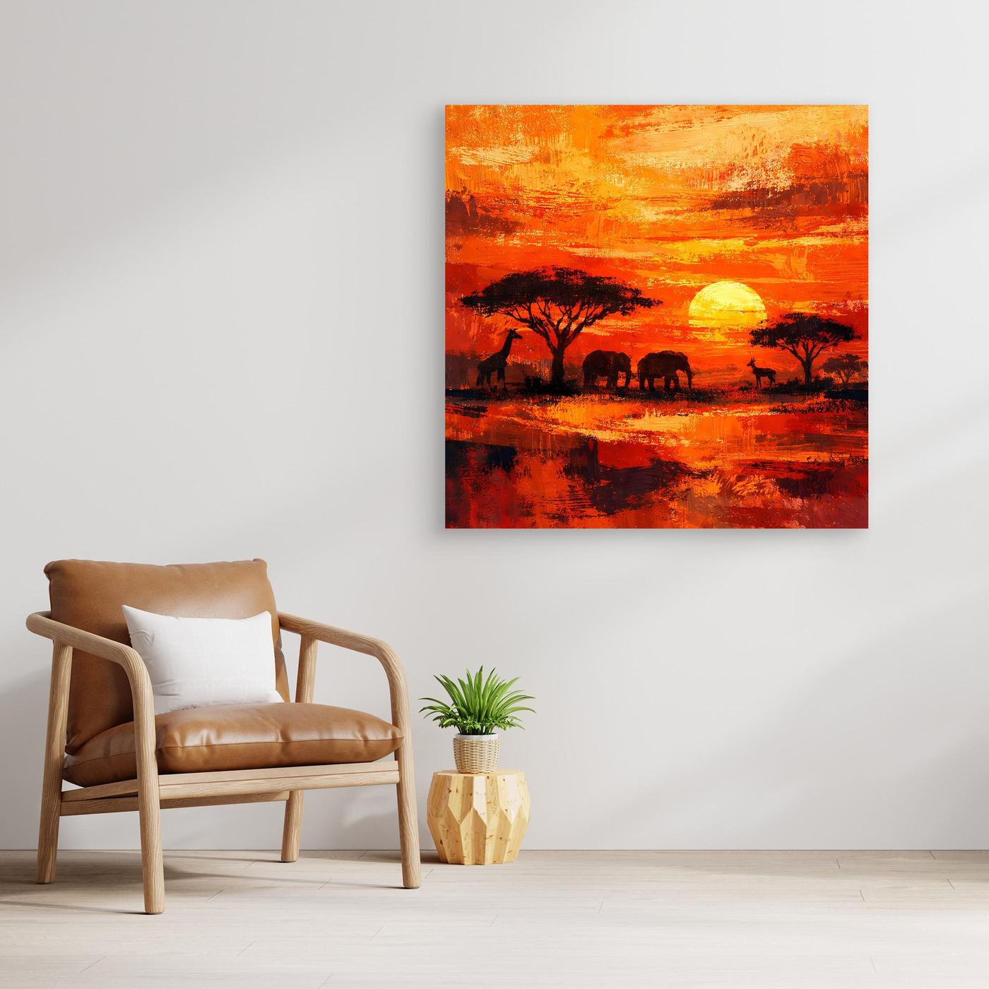 Leinwand Afrikanische Savanne bei Sonnenuntergang | Modernes Elefanten & Giraffen Wandbild