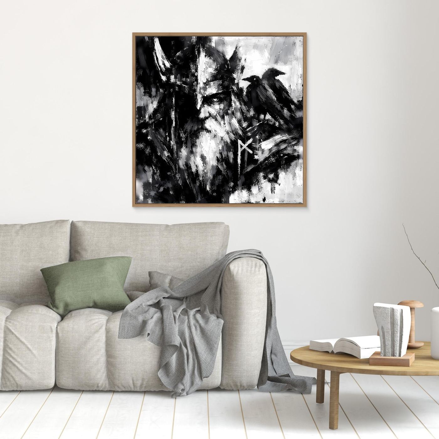 Kleines Leinwand-Wandbild mit Odin-Porträt, Rabe und Runensymbol in Schwarzweiß, Eichenrahmen.