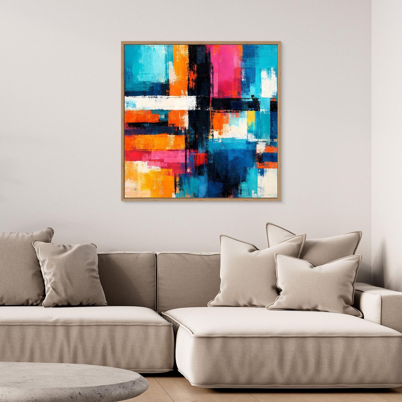 Framed abstract geometric canvas wall art with colorful blocks, lines, and a central dark cross