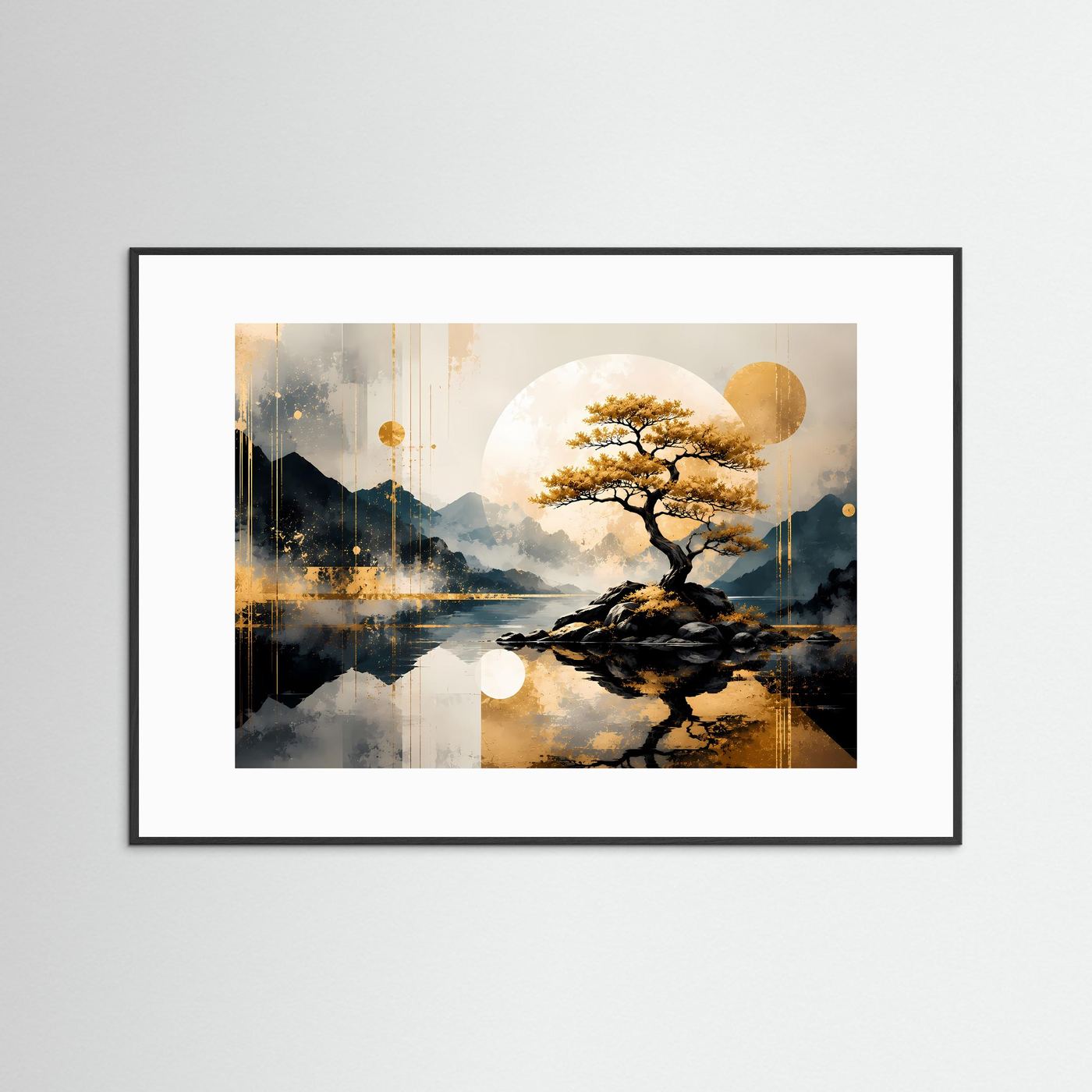 Abstraktes Zen-Landschafts-Poster mit goldenem Baum und Mondkreis, schwarz gerahmt mit weißem Passepartout