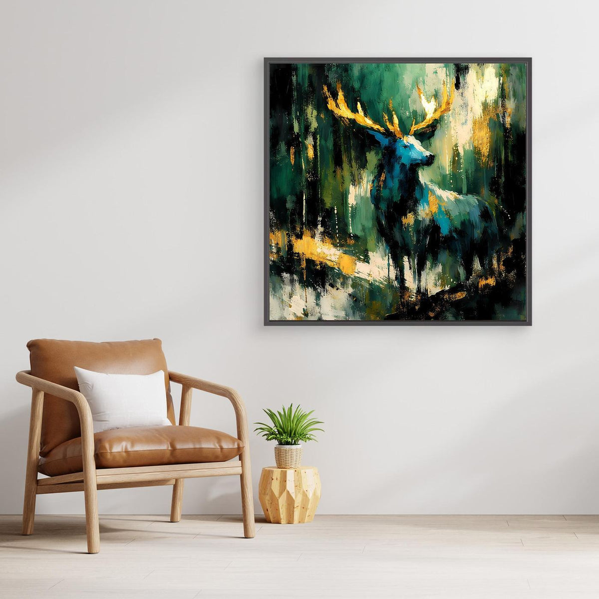 Leinwandbild mit abstraktem Hirsch in Grün, Blau und Gold, anthrazit gerahmt